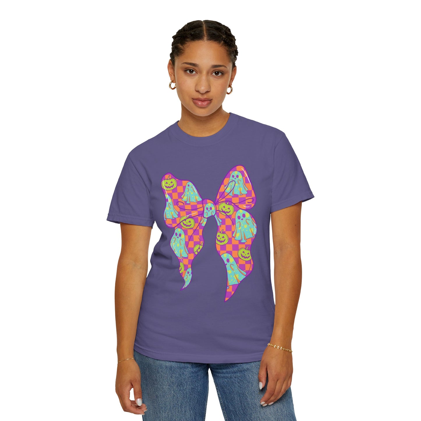 Neon Checkered Ghost Bow T-Shirt - Fun Lovers Halloween Unisex Tee