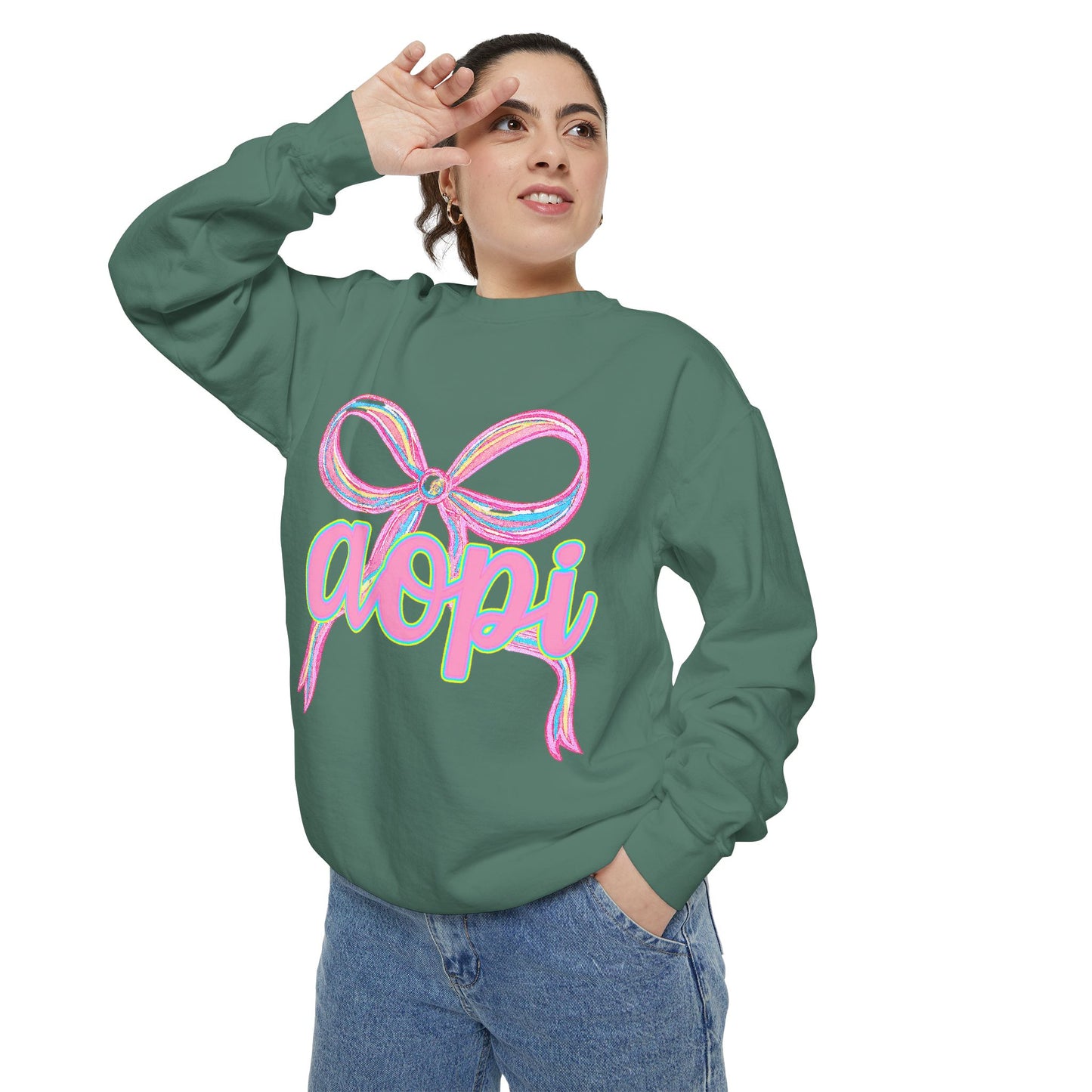 Pastel Bow Sweatshirt with aopi Design, Cozy Unisex Sweatshirt, Gift for Sorority Sisters, Casual Chic Apparel, Best Friend Outfit