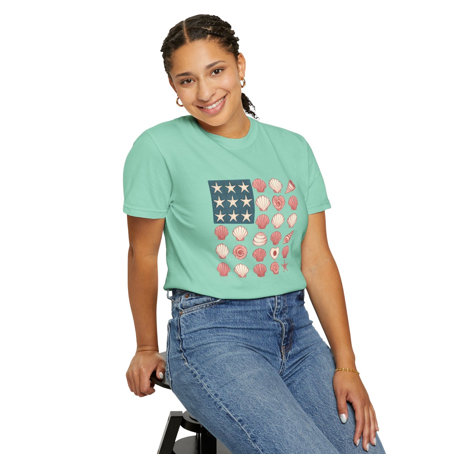 Comfort Colors-Seashell Flag T-Shirt, Unisex, American Flag, Beach Vibes, Nautical Gift, Summer Vibes, July 4th