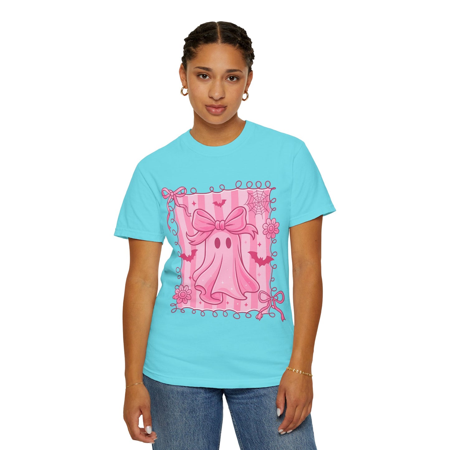 Cute Pink Ghost Graphic T-Shirt, Pink Halloween Tee, Unisex Garment-Dyed Top, Spooky Style for Fall, Trick or Treat Fashion