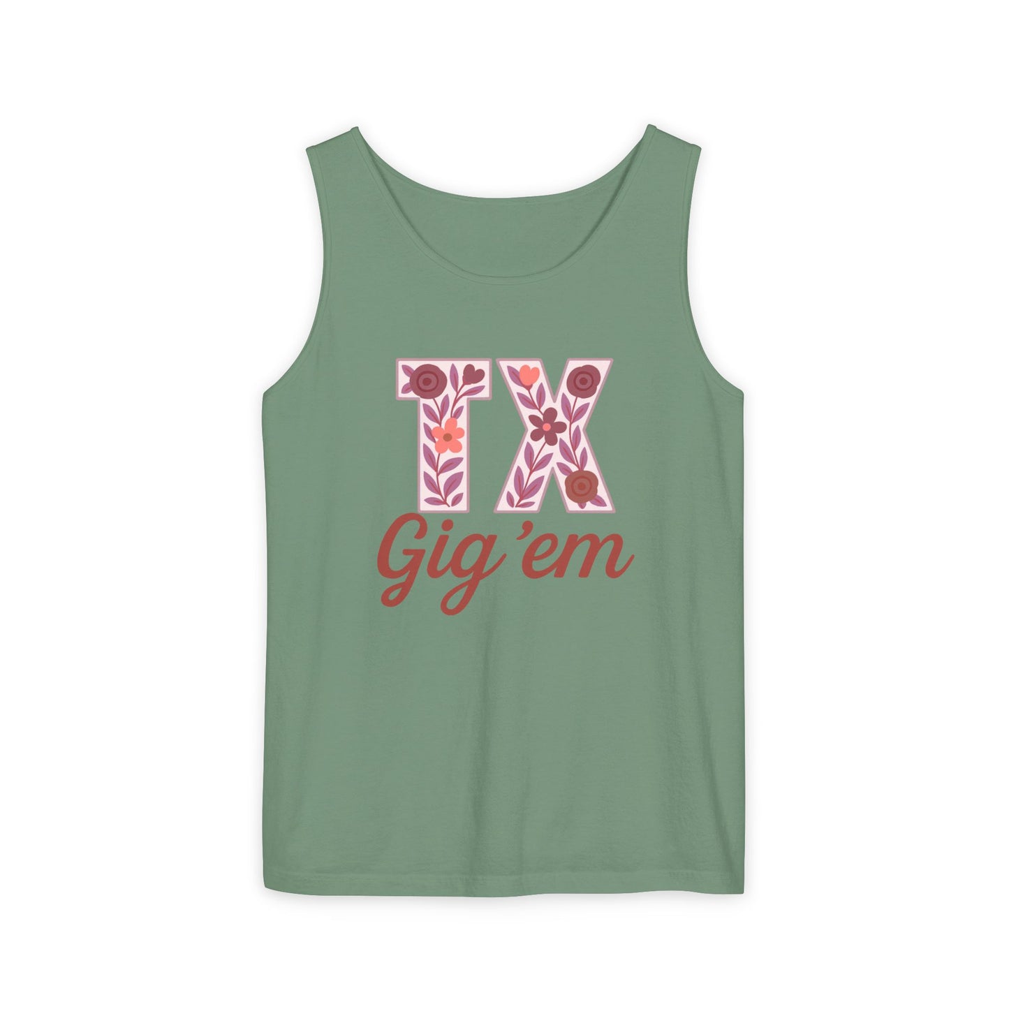 Texas Gig 'Em Tank Top, Unisex Summer Apparel, Cute Floral Design, Perfect for College Fans, Gifts, Comfort Colors, Graduation Gift