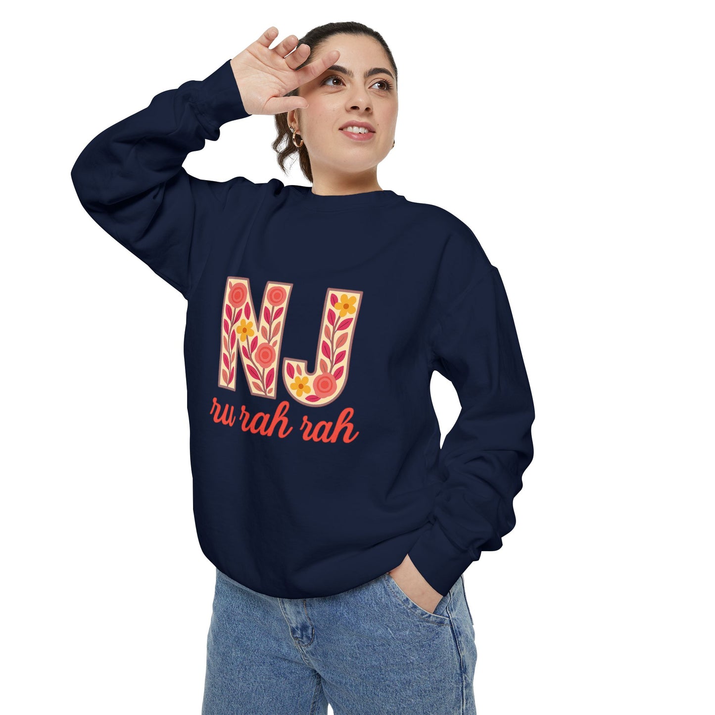 Cheerful NJ Garment-Dyed Sweatshirt, Cozy Unisex Pullover for School Spirit, Fall Fashion, Gift for College Students, Relaxed Fit