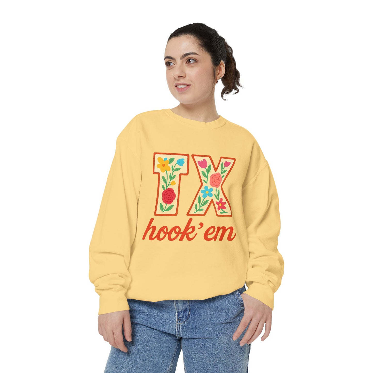Texas Floral Sweatshirt, Unisex Garment-Dyed Sweatshirt, Cozy Casual Wear, Perfect for Game Day, Floral TX Hook 'Em Design, Stylish [...]