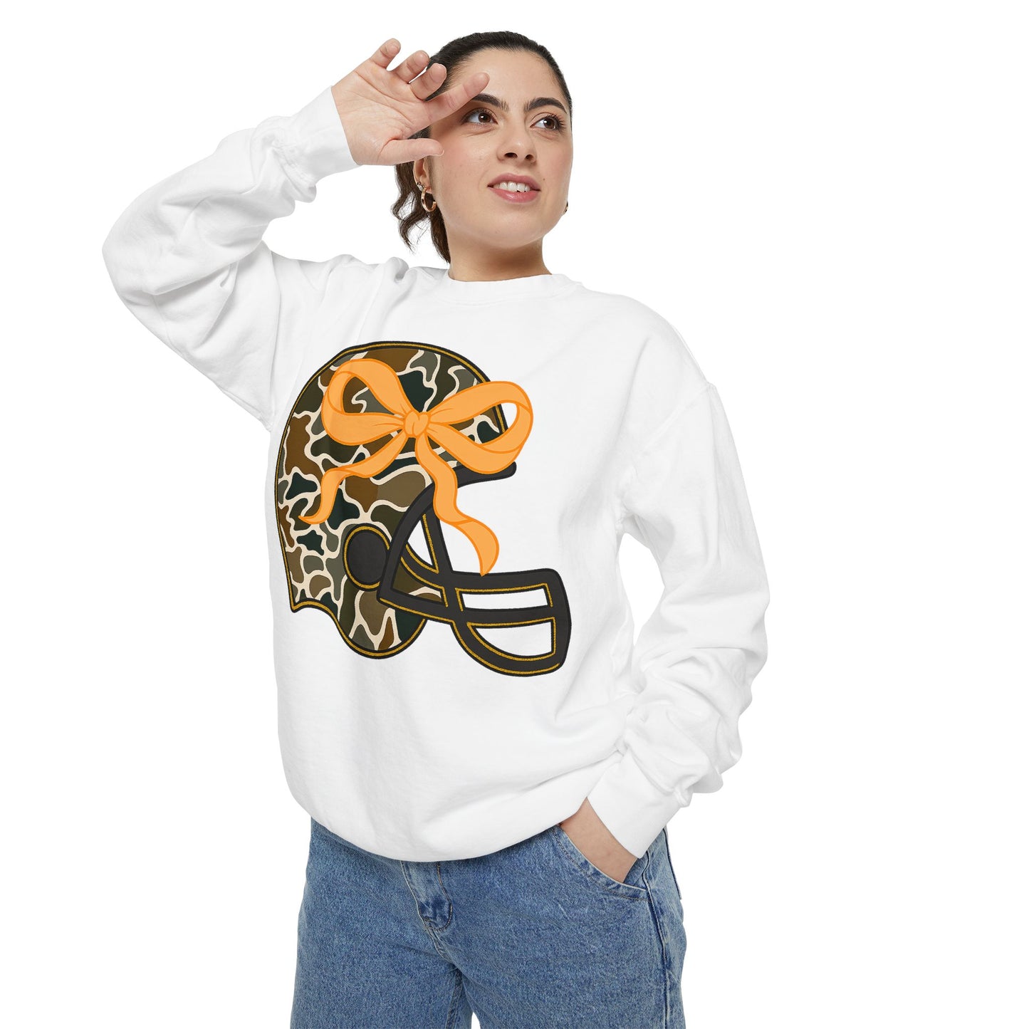 Comfort colors sweatshirt Camo Helmet Design, Casual Athletic Wear, Unisex Fall Fashion, Gift for Sports Fans