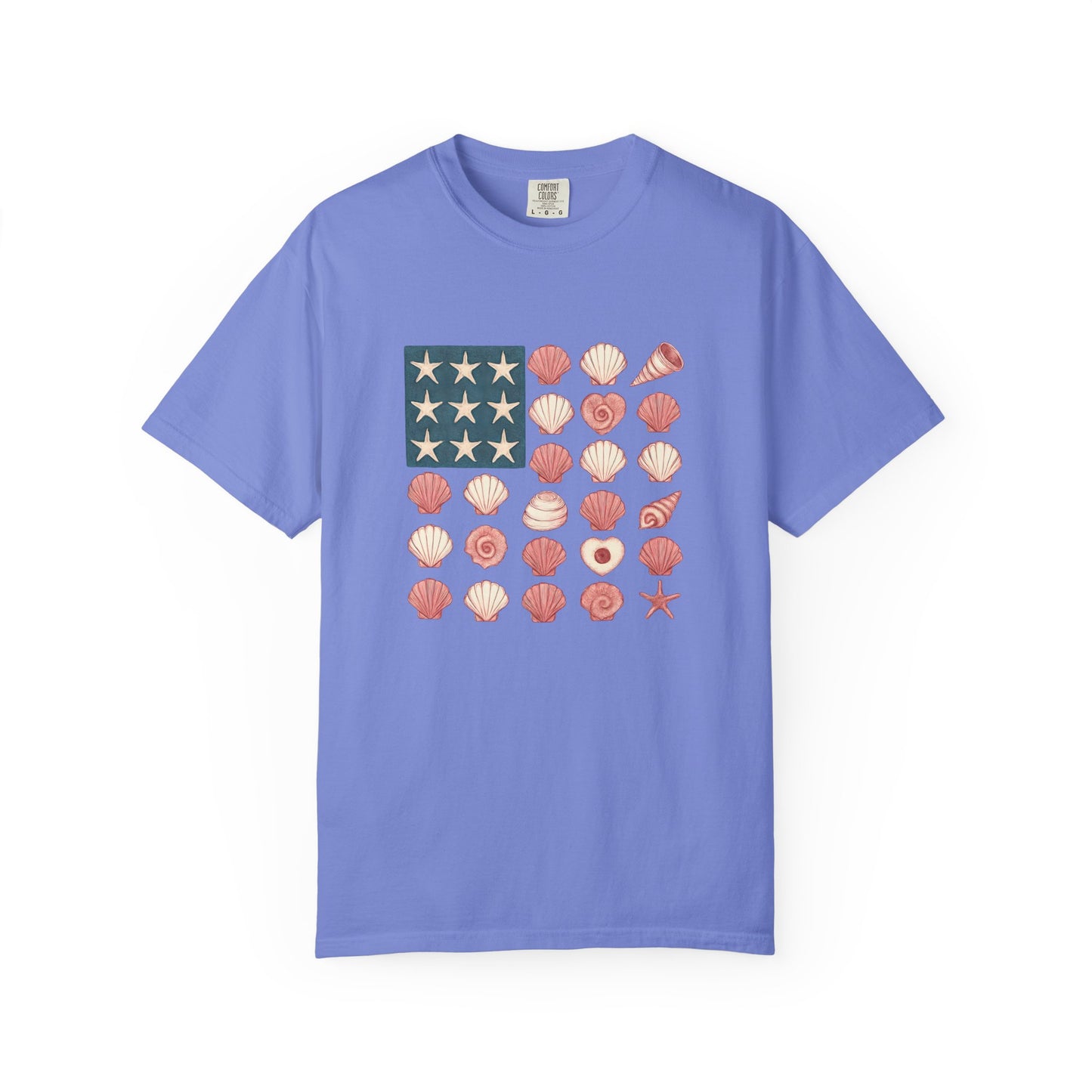 Comfort Colors-Seashell Flag T-Shirt, Unisex, American Flag, Beach Vibes, Nautical Gift, Summer Vibes, July 4th