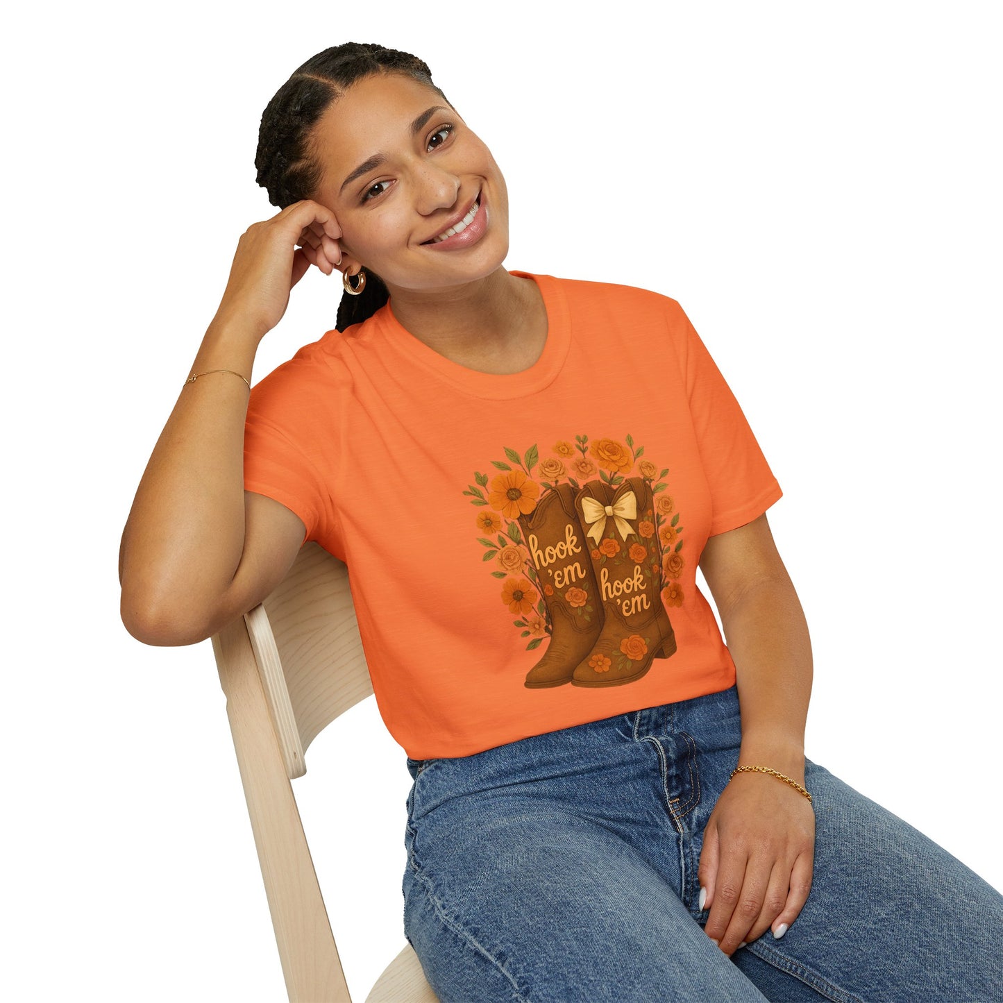 Tx Hook Em Floral Cowboy Boot T-Shirt, Hook 'Em Tee, Autumn Apparel, Country Style, Gift for Her, tx longhorns, texas fan gift, hook em horns, graduation gift, college student gift