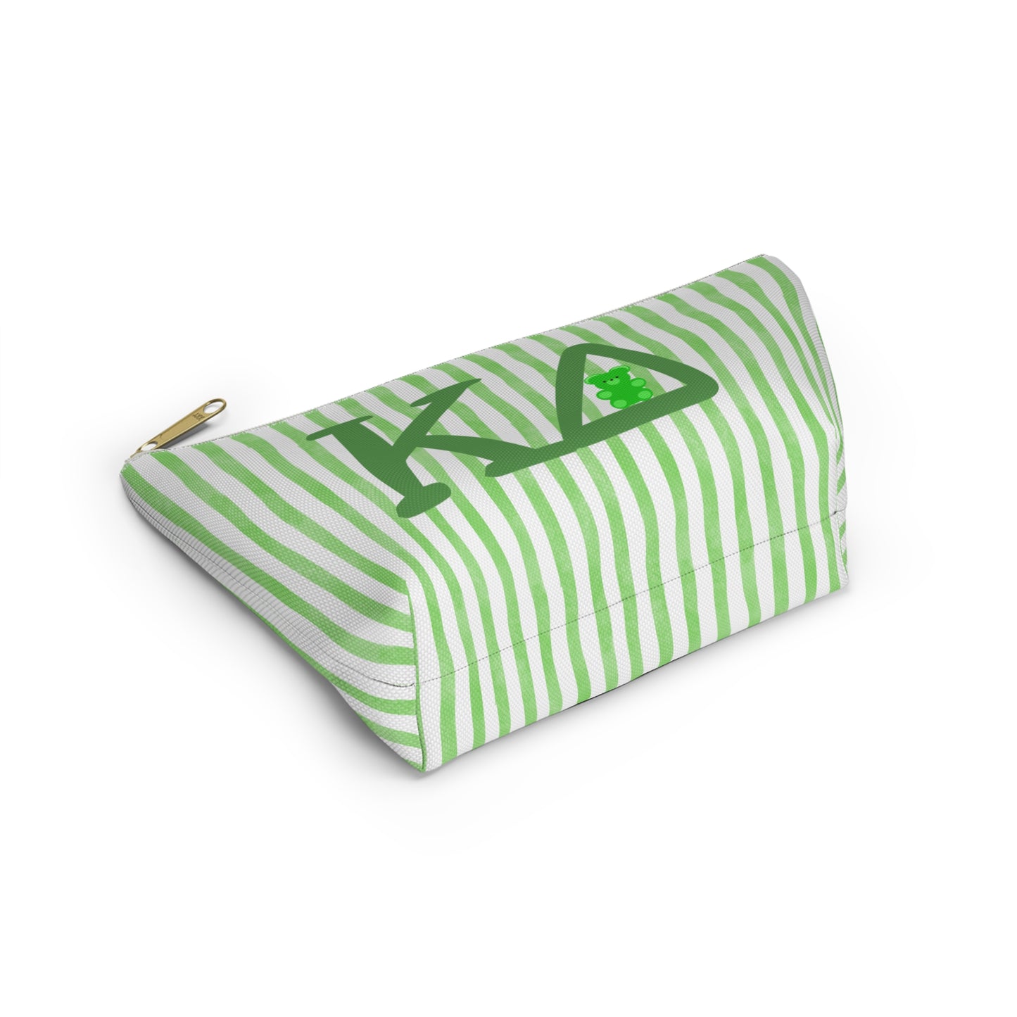 KD Green Striped Accessory Pouch | Cute Makeup Bag, Storage Organizer, Gift for Students, Eco-Friendly Travel Pouch, Teddy Bear Lover Gift