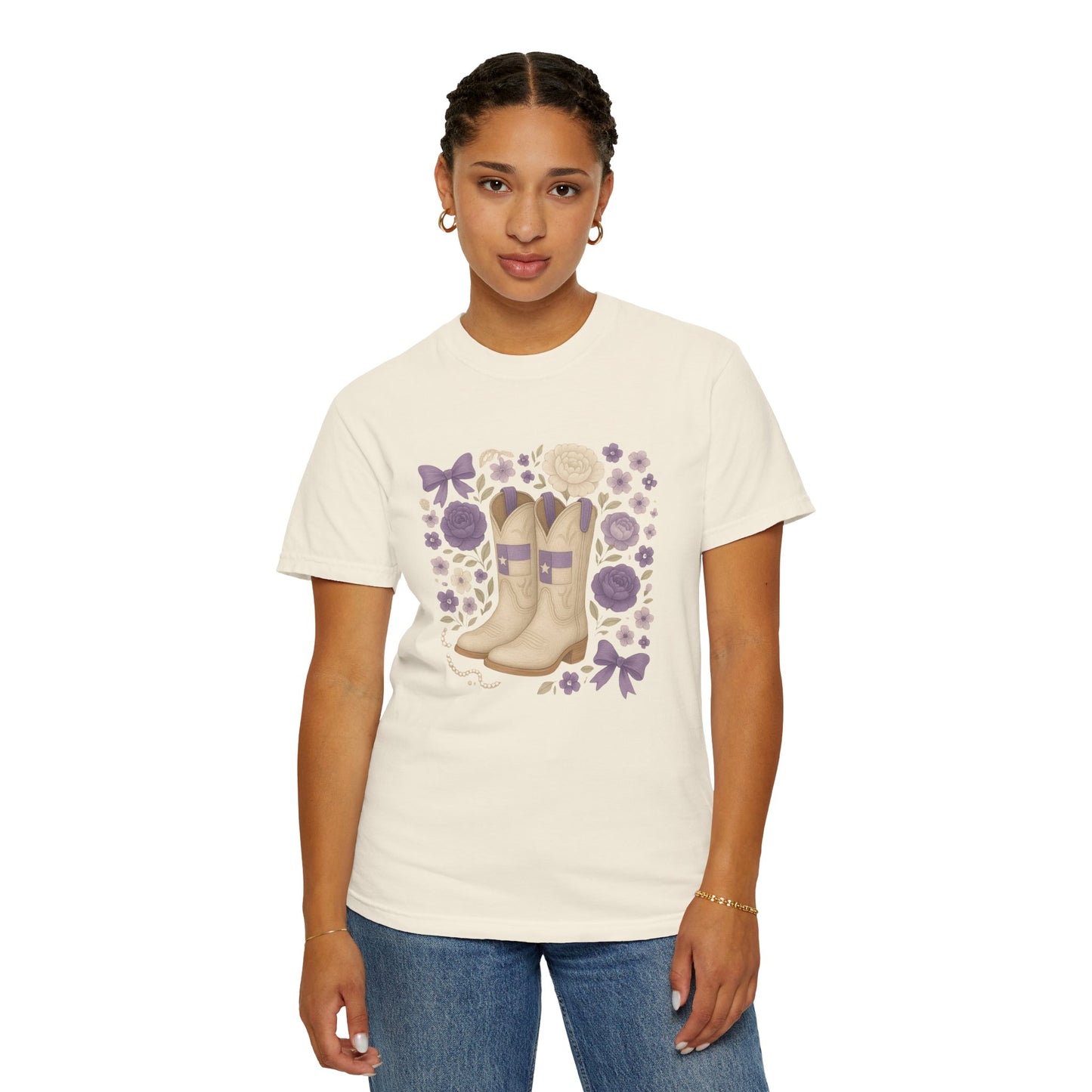 Whimsical Floral Boots Unisex T-Shirt | Casual Style, Gift for Her, Texas Christian University, TCU Frogs, Comfort Colors, Texas Fan gift, Graduation Gift