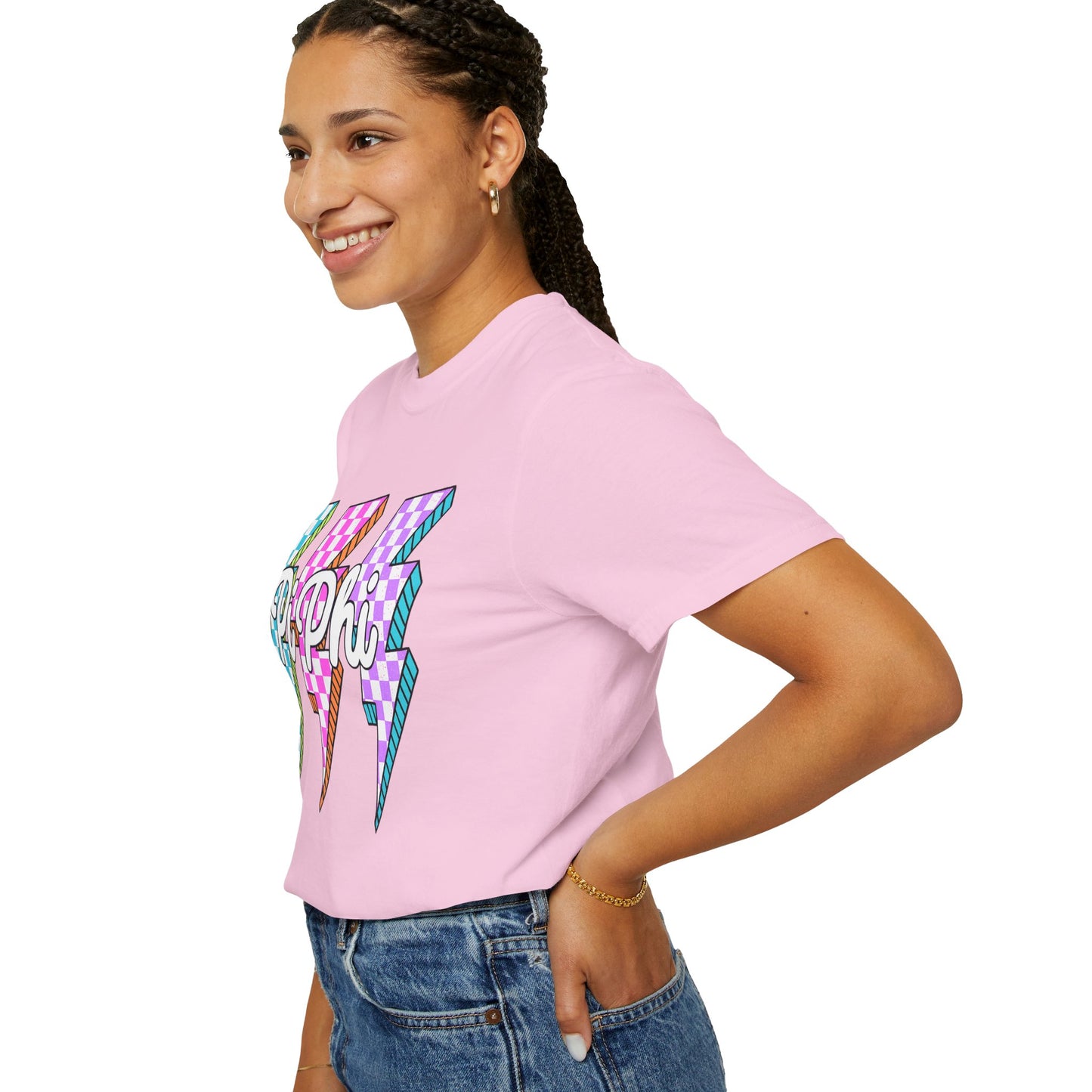 PB Phi Lightning Bolt Unisex T-shirt | Vibrant Greek Life Apparel, Unique Gift for Sorority Sisters, Casual Wear, Celebrating Sisterhood