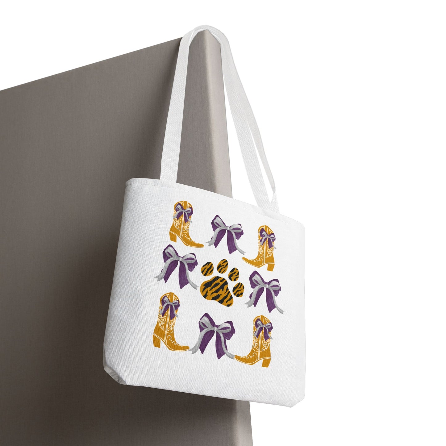 LSu coquette bow Print Tote Bag, Eco-Friendly Fashion Bag, lsu tiger fan, louisiana game day, geaux tigers, college student gift, graduation gift