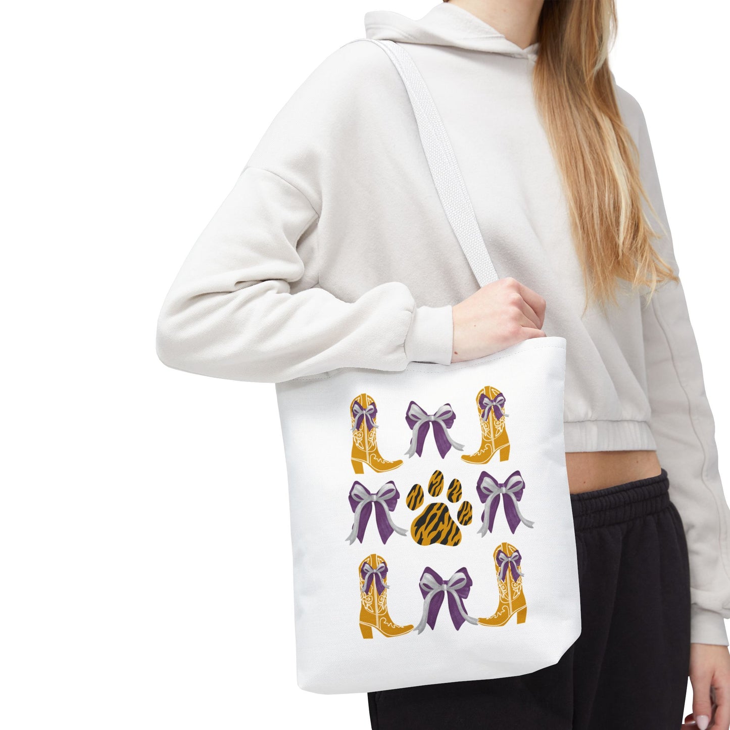 LSu coquette bow Print Tote Bag, Eco-Friendly Fashion Bag, lsu tiger fan, louisiana game day, geaux tigers, college student gift, graduation gift