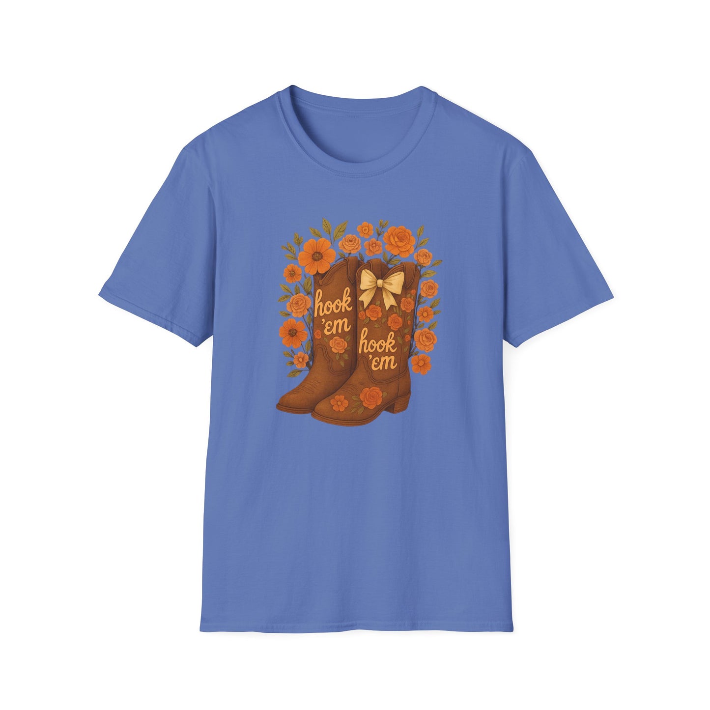 Tx Hook Em Floral Cowboy Boot T-Shirt, Hook 'Em Tee, Autumn Apparel, Country Style, Gift for Her, tx longhorns, texas fan gift, hook em horns, graduation gift, college student gift