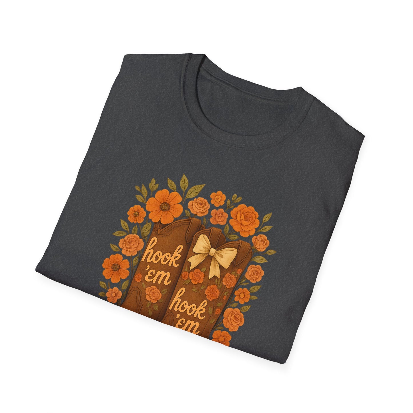 Tx Hook Em Floral Cowboy Boot T-Shirt, Hook 'Em Tee, Autumn Apparel, Country Style, Gift for Her, tx longhorns, texas fan gift, hook em horns, graduation gift, college student gift