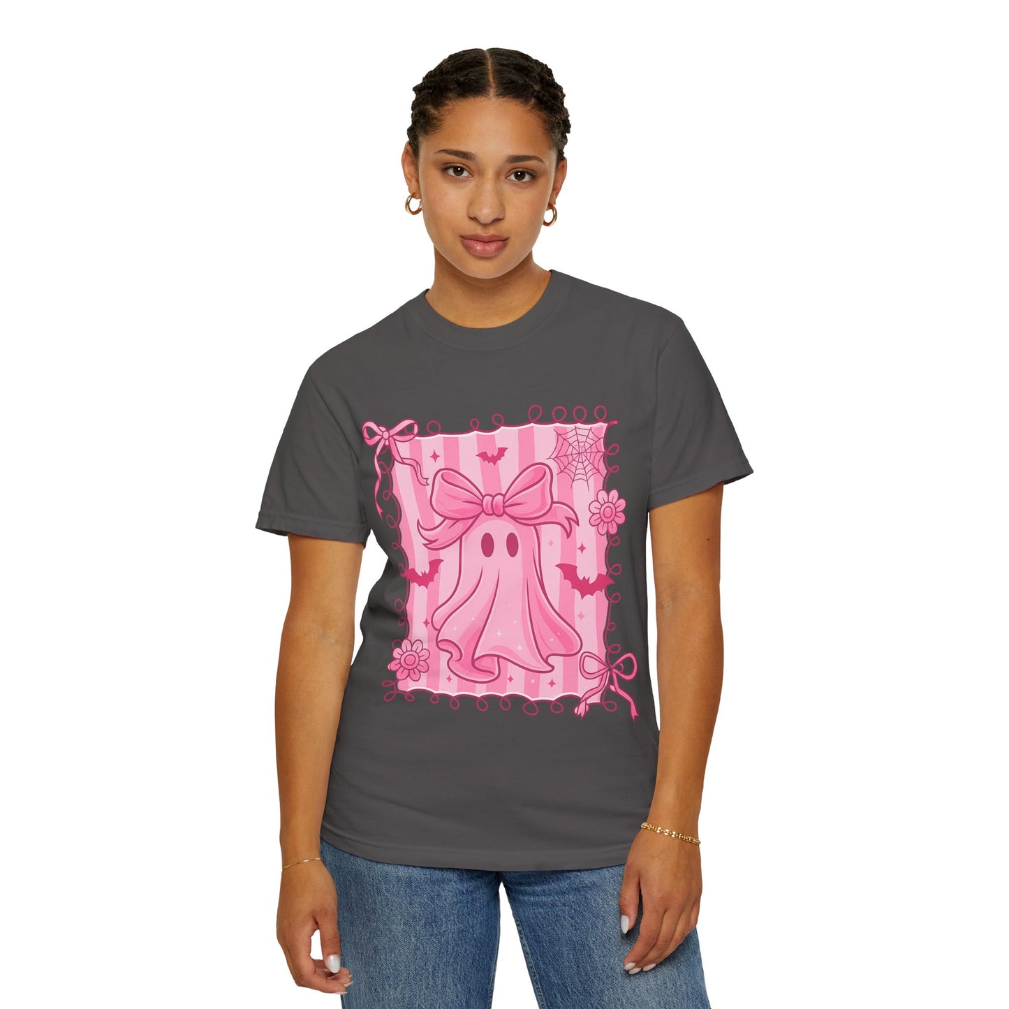 Cute Pink Ghost Graphic T-Shirt, Pink Halloween Tee, Unisex Garment-Dyed Top, Spooky Style for Fall, Trick or Treat Fashion