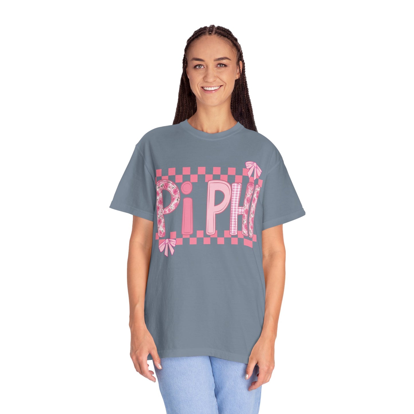 Cute Garment-Dyed T-Shirt for Sorority Sisters, Pi -Checked Style, Perfect for Casual Outings, Sorority Events, Gifts
