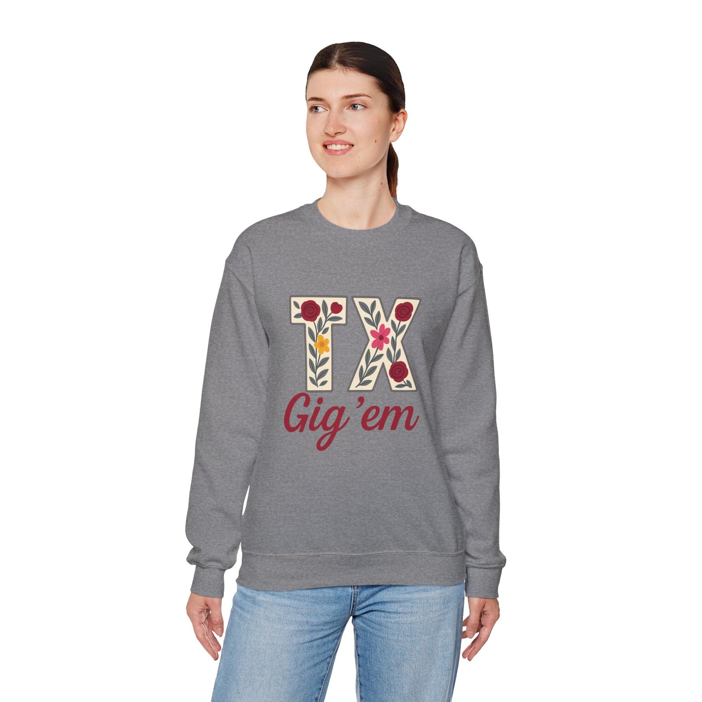 Texas Floral Crewneck Sweatshirt, Cozy Texas Sweatshirt, TX Gig'em Gift, Unisex Sweatshirt for Gamers, Floral Crew Neck for Casual Wear
