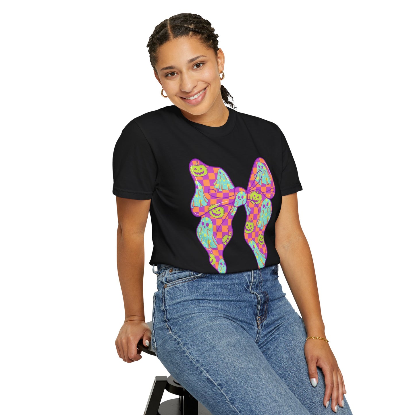 Neon Checkered Ghost Bow T-Shirt - Fun Lovers Halloween Unisex Tee
