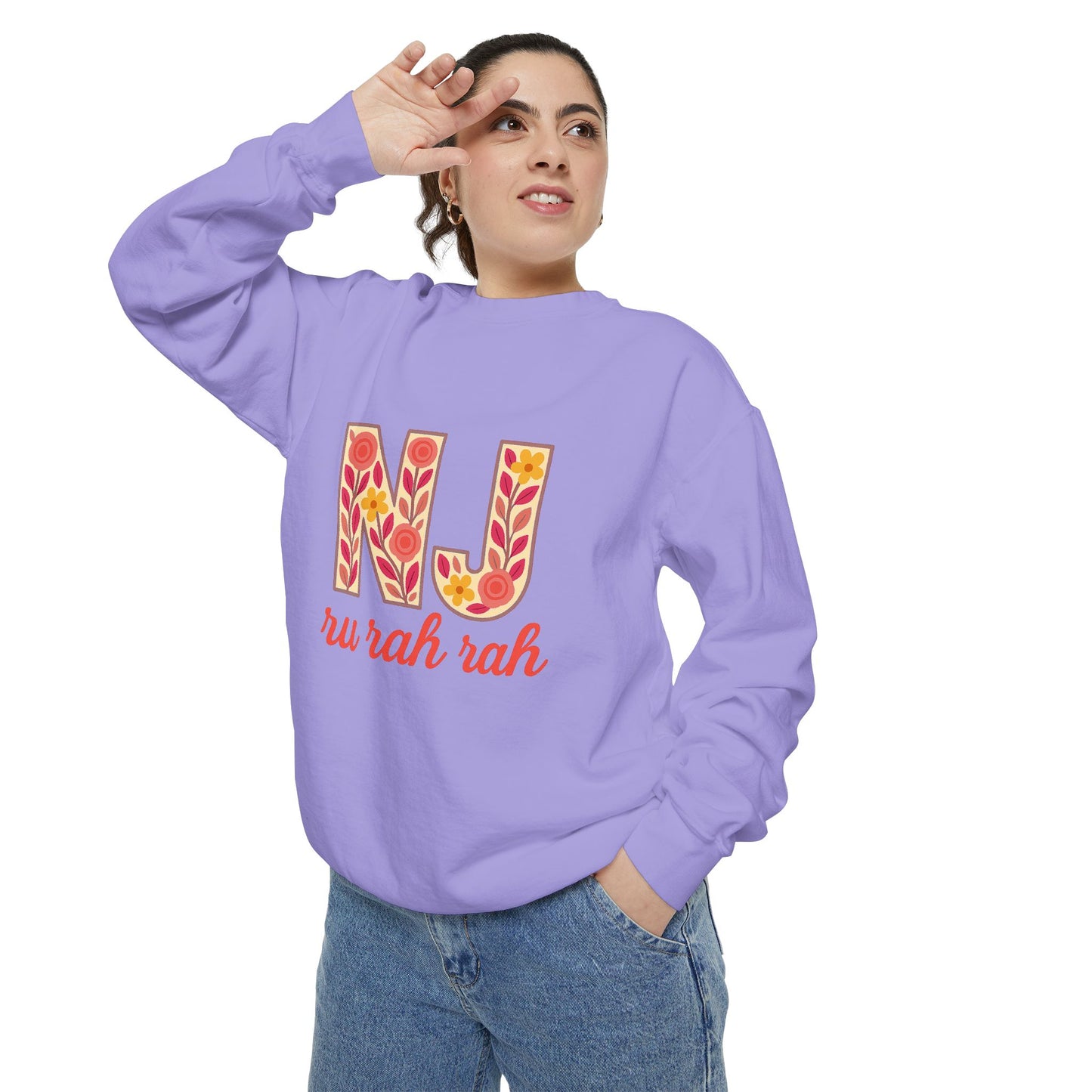 Cheerful NJ Garment-Dyed Sweatshirt, Cozy Unisex Pullover for School Spirit, Fall Fashion, Gift for College Students, Relaxed Fit