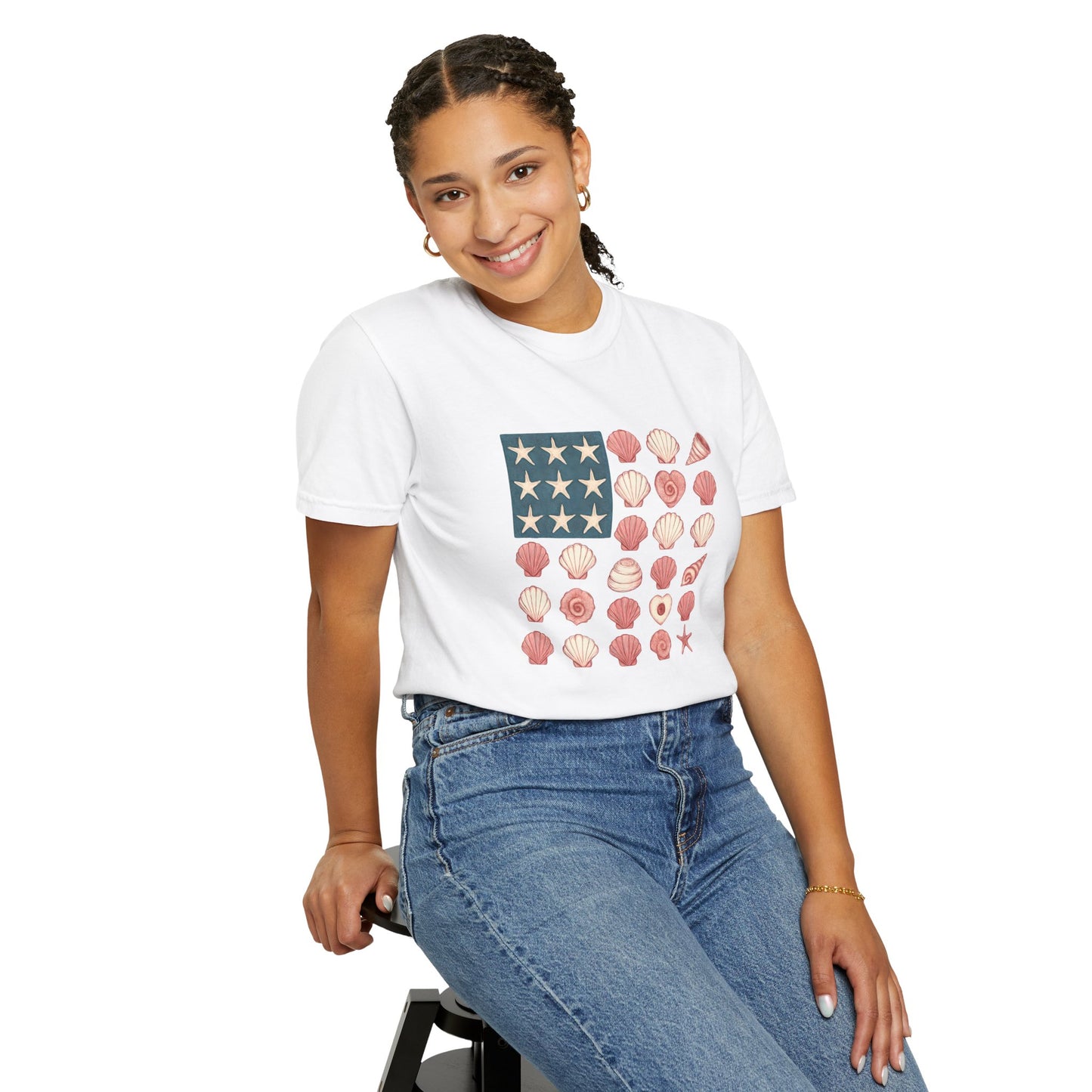 Comfort Colors-Seashell Flag T-Shirt, Unisex, American Flag, Beach Vibes, Nautical Gift, Summer Vibes, July 4th