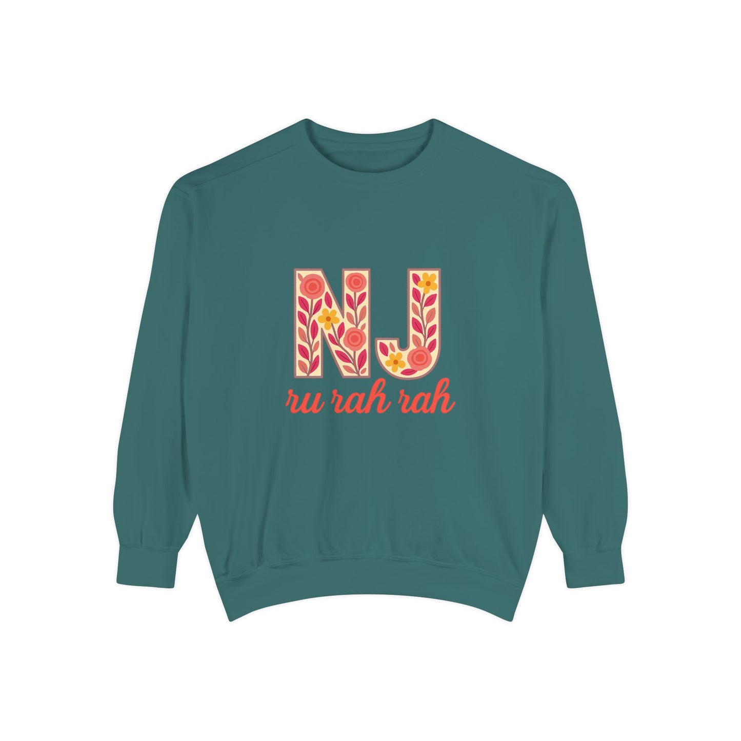 Cheerful NJ Garment-Dyed Sweatshirt, Cozy Unisex Pullover for School Spirit, Fall Fashion, Gift for College Students, Relaxed Fit