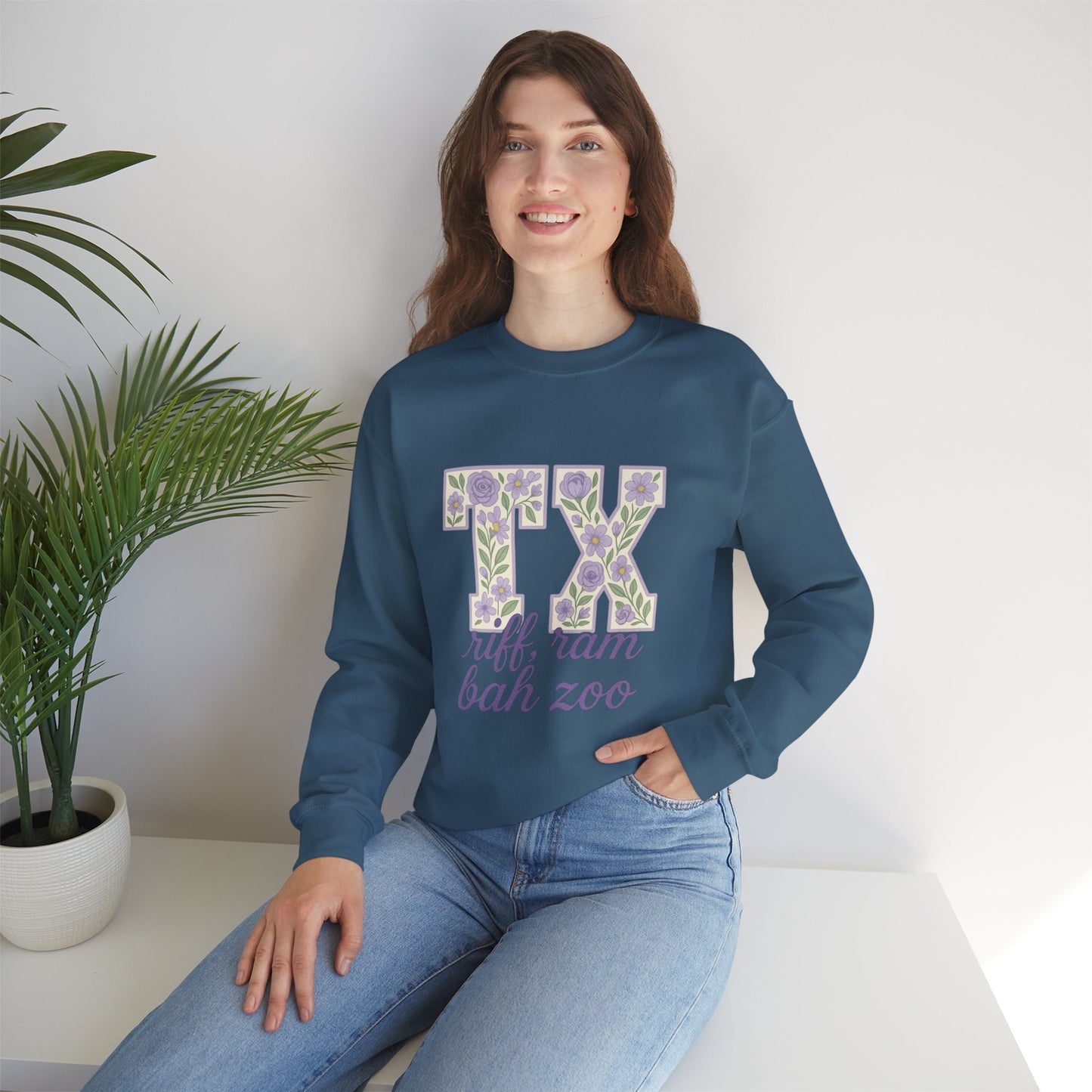 Texas Floral Sweatshirt, Cozy Unisex Crewneck, TX Riff Ram Bah Zoo Pullover, Gift for College Students, Texas Pride Apparel, Spring Fashion