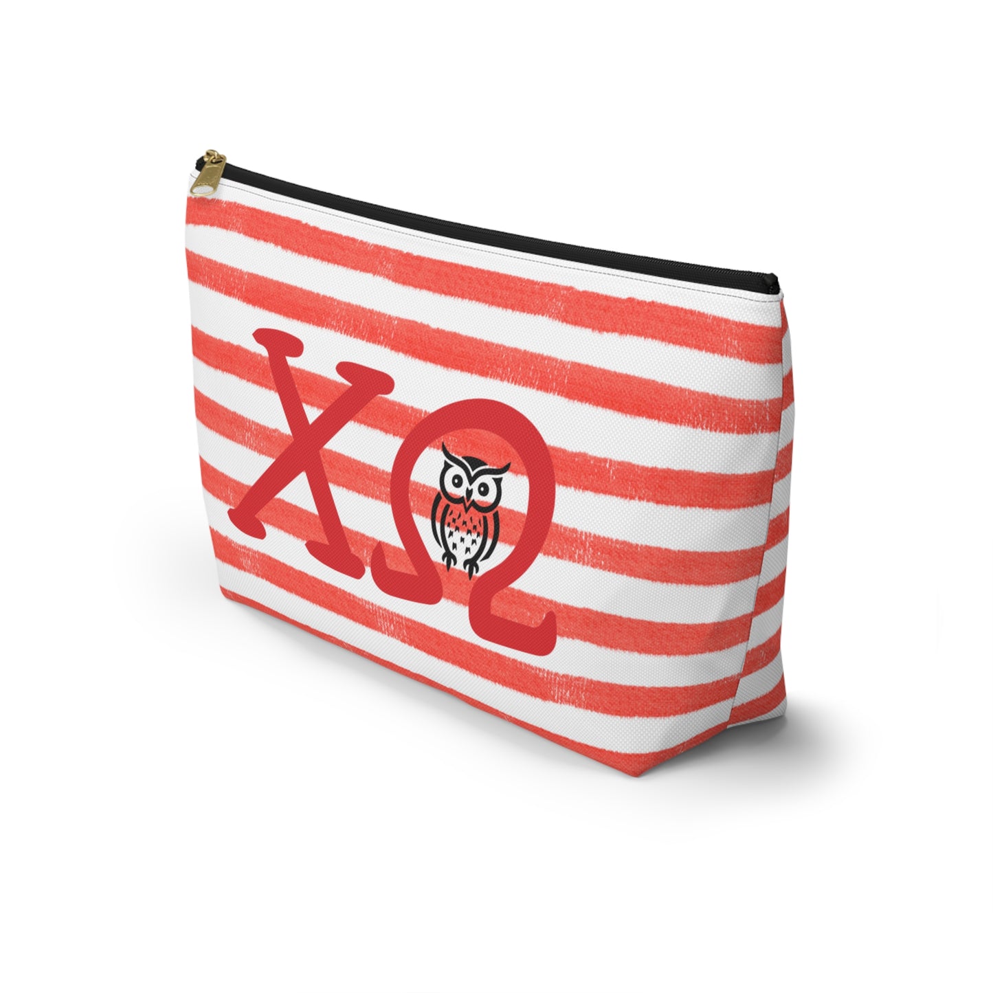 Chi Omega Charming Owl Accessory Pouch, Makeup Bag, Gift for Her, Zodiac Lover, Cute Organizer, Striped Cosmetic Pouch