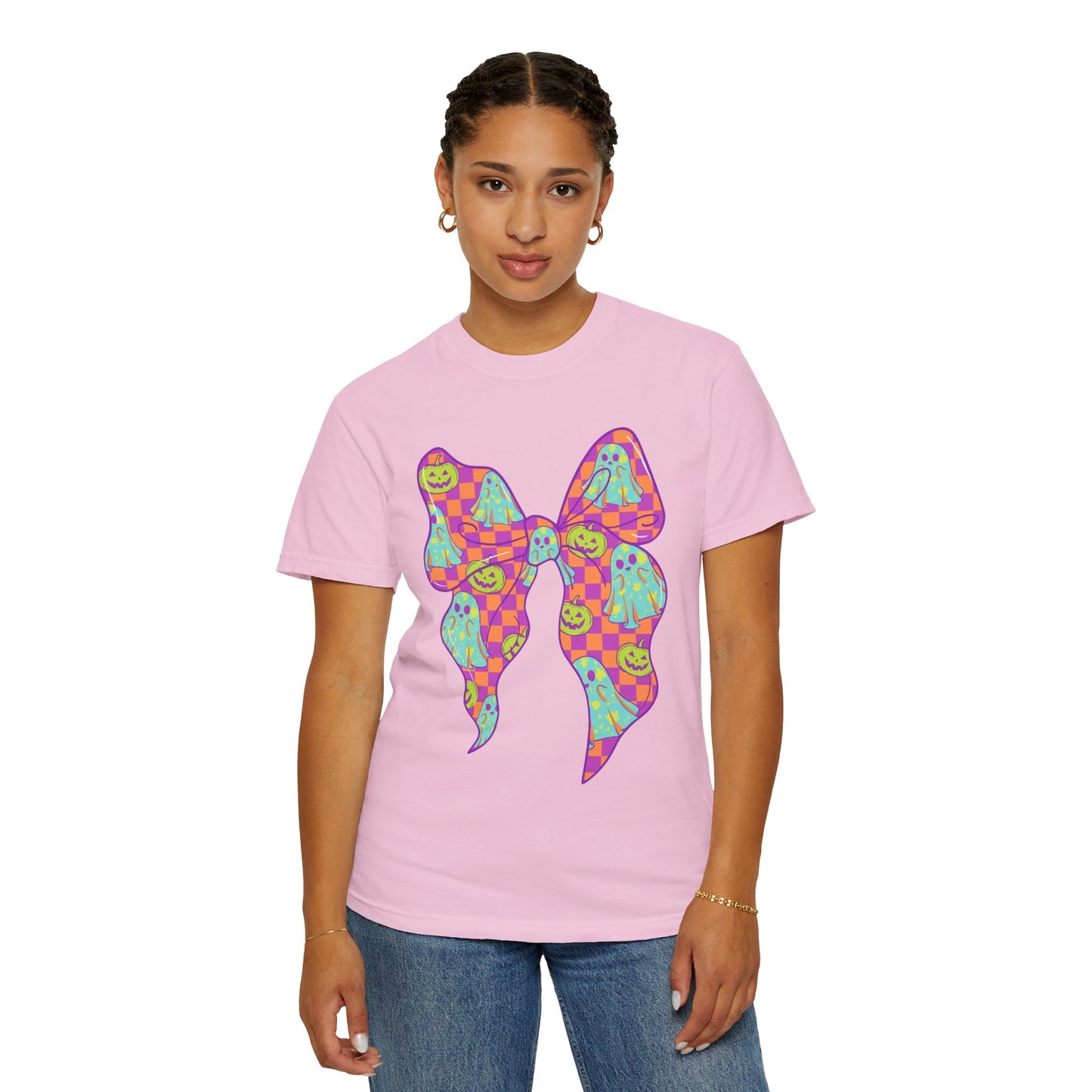 Neon Checkered Ghost Bow T-Shirt - Fun Lovers Halloween Unisex Tee