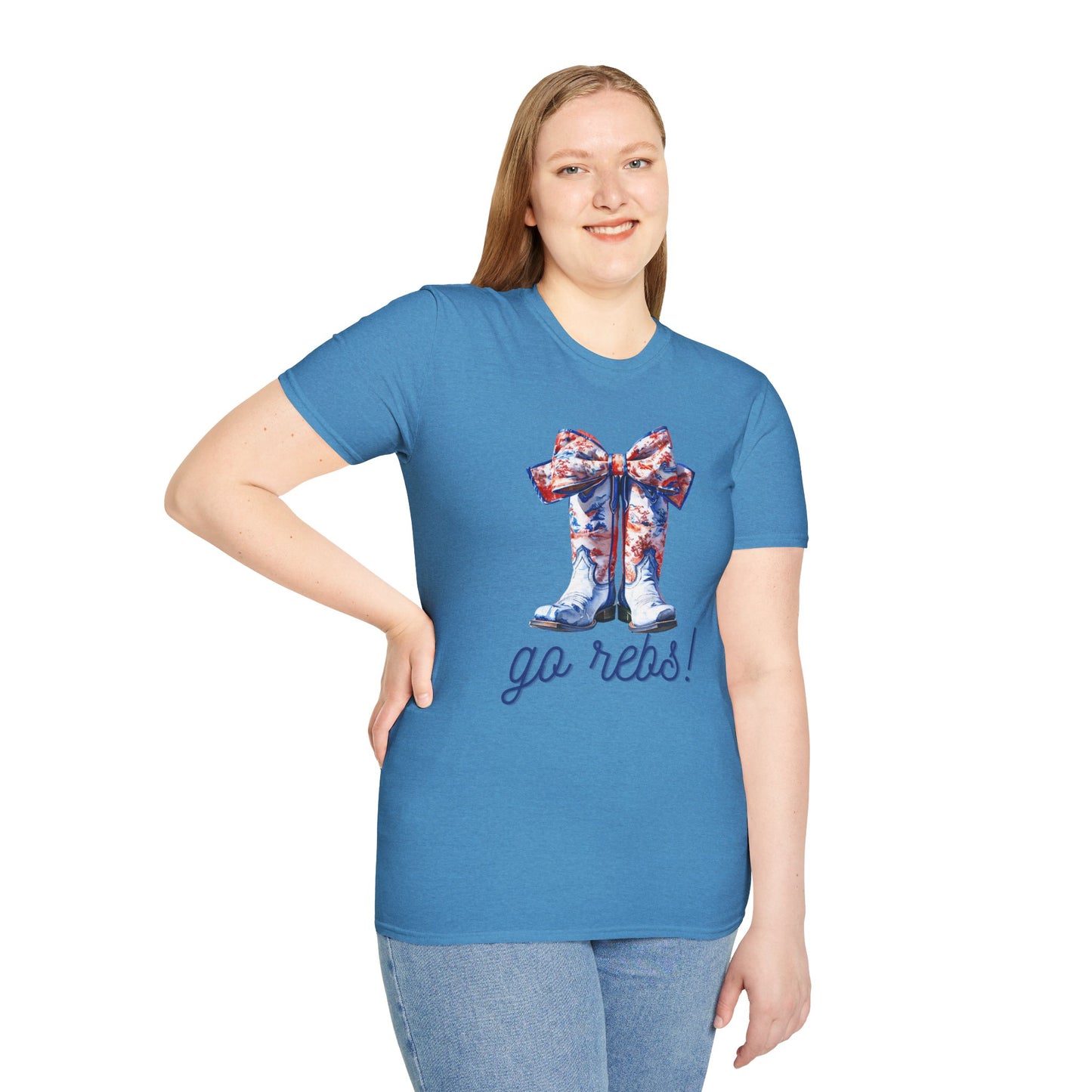 , go Rebs  Cheerful Unisex Softstyle T-Shirt with Bow Design | Gift for Sports Fans, Casual Wear, Team Spirit, Game Day Shirt, Cheerleading Top