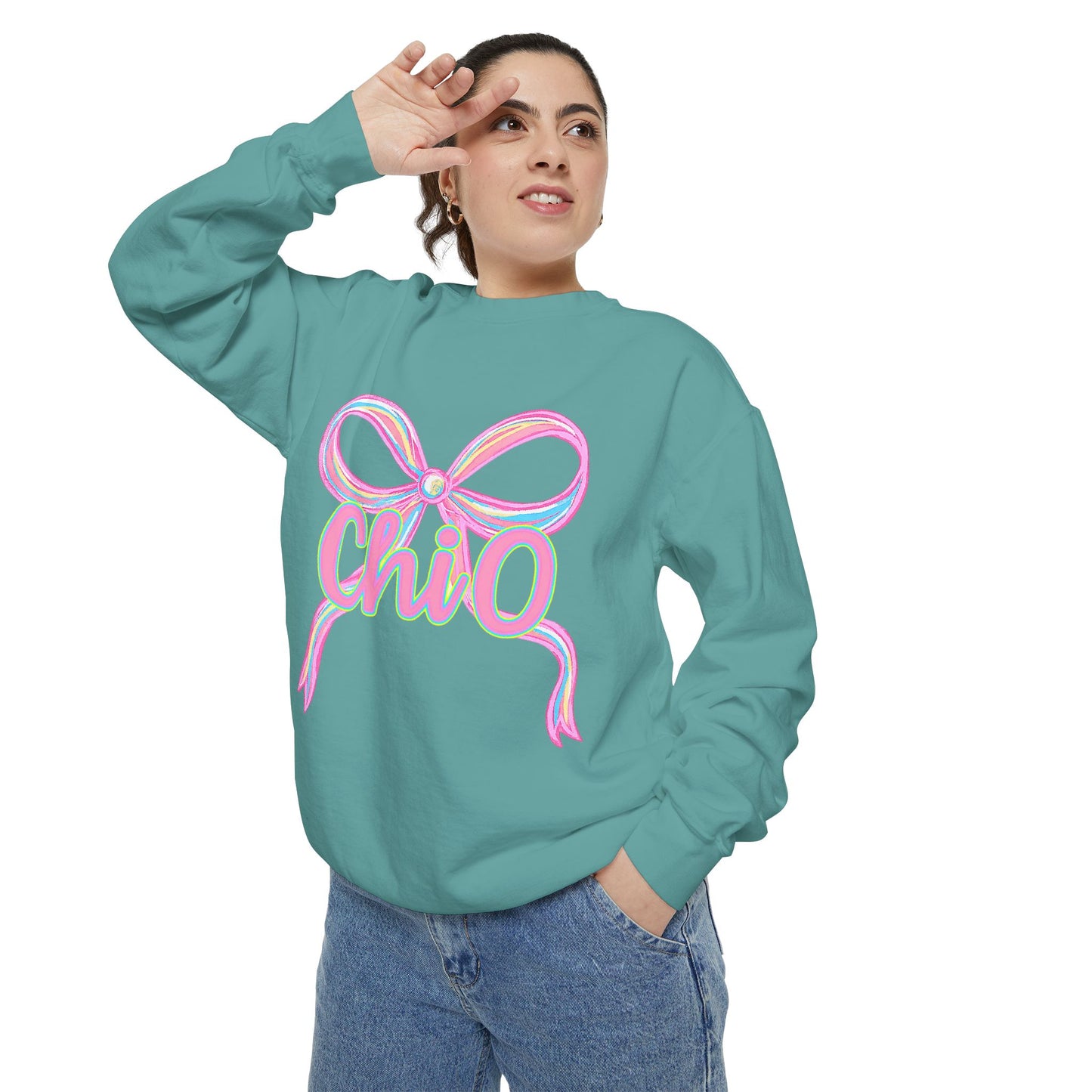 CHIO Chic Bow Graphic Unisex Garment-Dyed Sweatshirt, Cozy Pullover, Fashionable Gift, Casual Outfit, Spring Style, Trendy Apparel