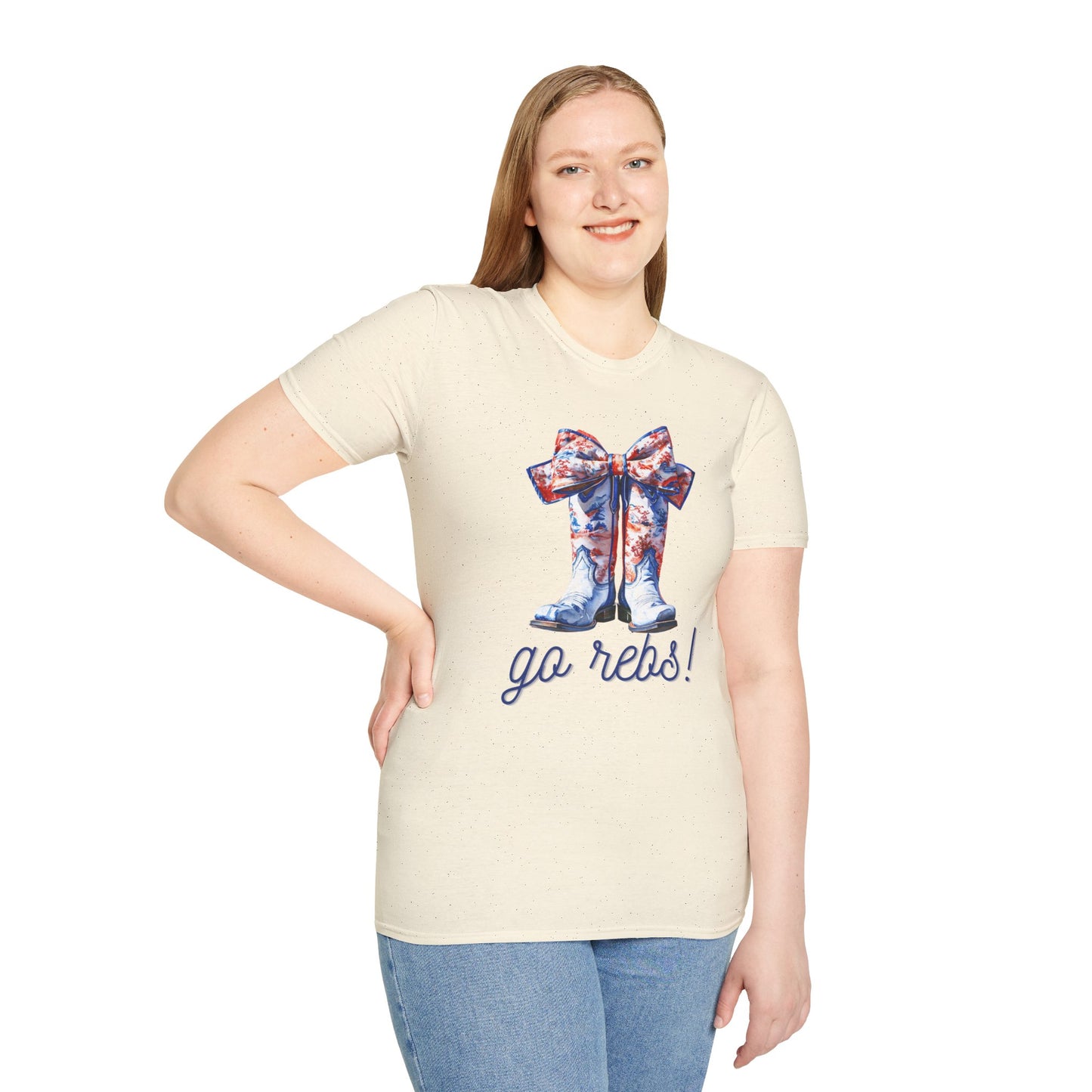 , go Rebs  Cheerful Unisex Softstyle T-Shirt with Bow Design | Gift for Sports Fans, Casual Wear, Team Spirit, Game Day Shirt, Cheerleading Top