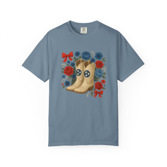 Tennessee Titans Floral Coquette Boots T-Shirt, Comfort Colors, Nashville Tennessee Gift, Patriotic Country Boots T-Shirt | Unisex Graphic Tee for Fourth of July, Summer Festivals, Casual Wear, Gift for Boots Lovers