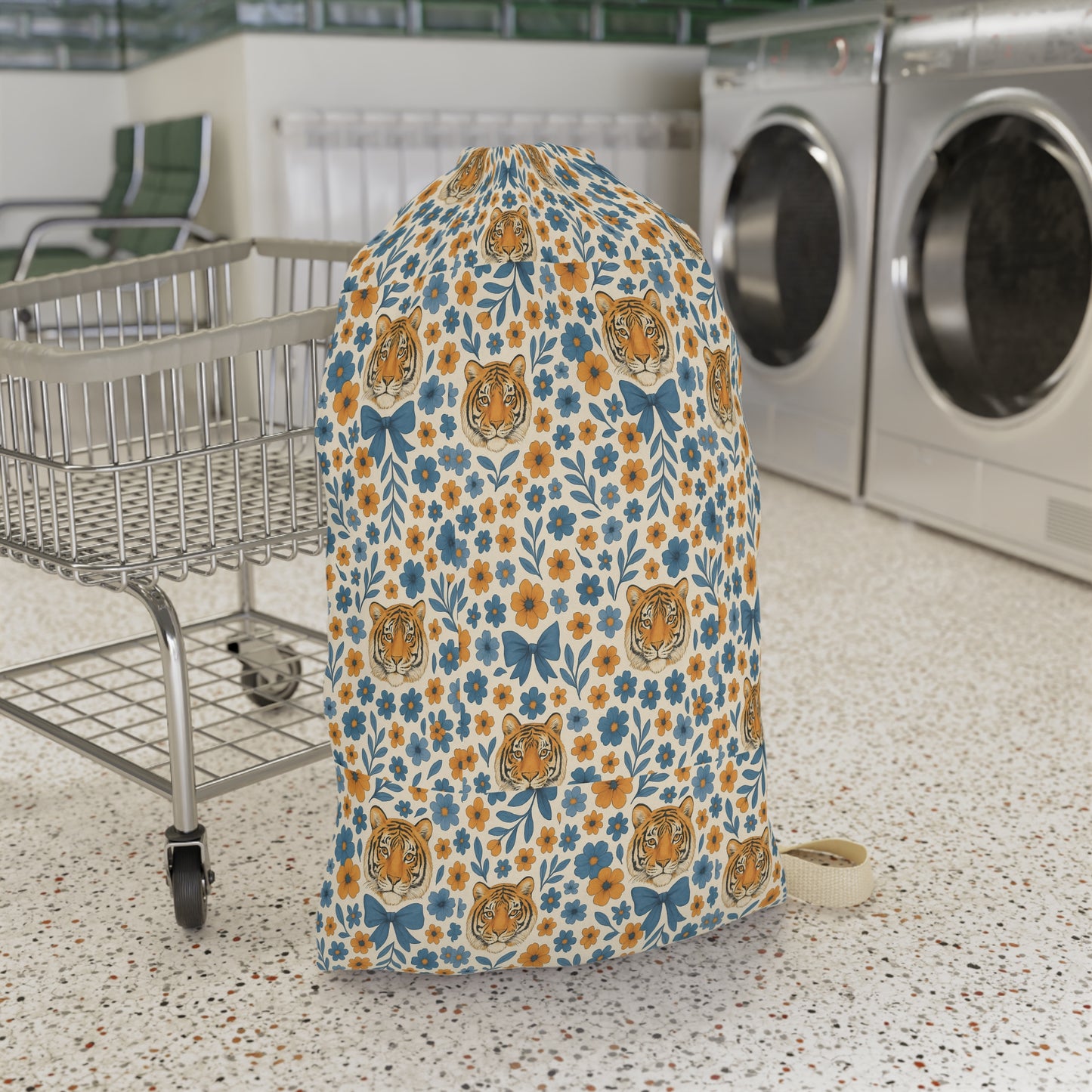 Floral Laundry Bag with Cute Tiger Design | Stylish Laundry Hamper, Home Decor, Gift for Cat Lovers, Eco-Friendly Laundry Storage