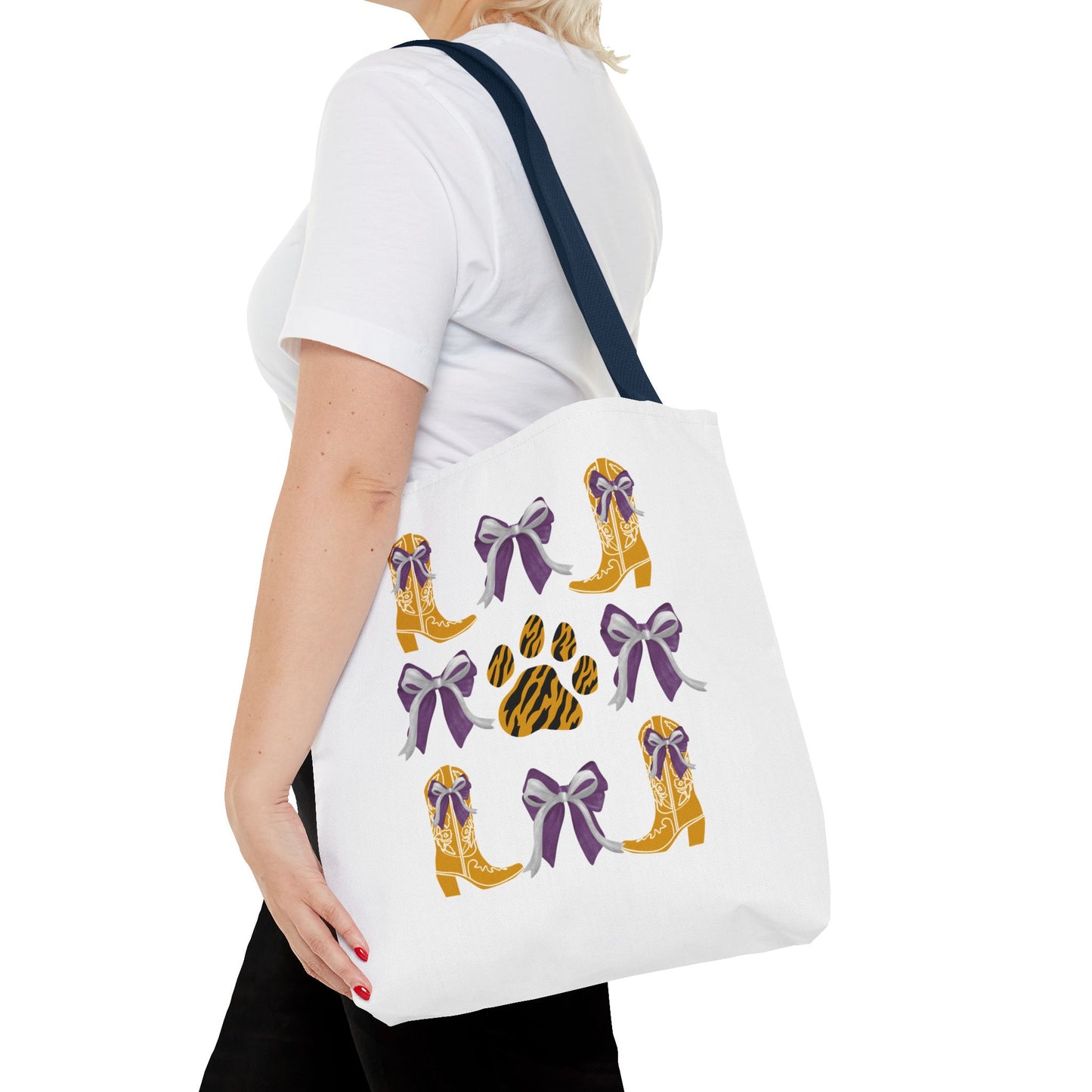 LSu coquette bow Print Tote Bag, Eco-Friendly Fashion Bag, lsu tiger fan, louisiana game day, geaux tigers, college student gift, graduation gift