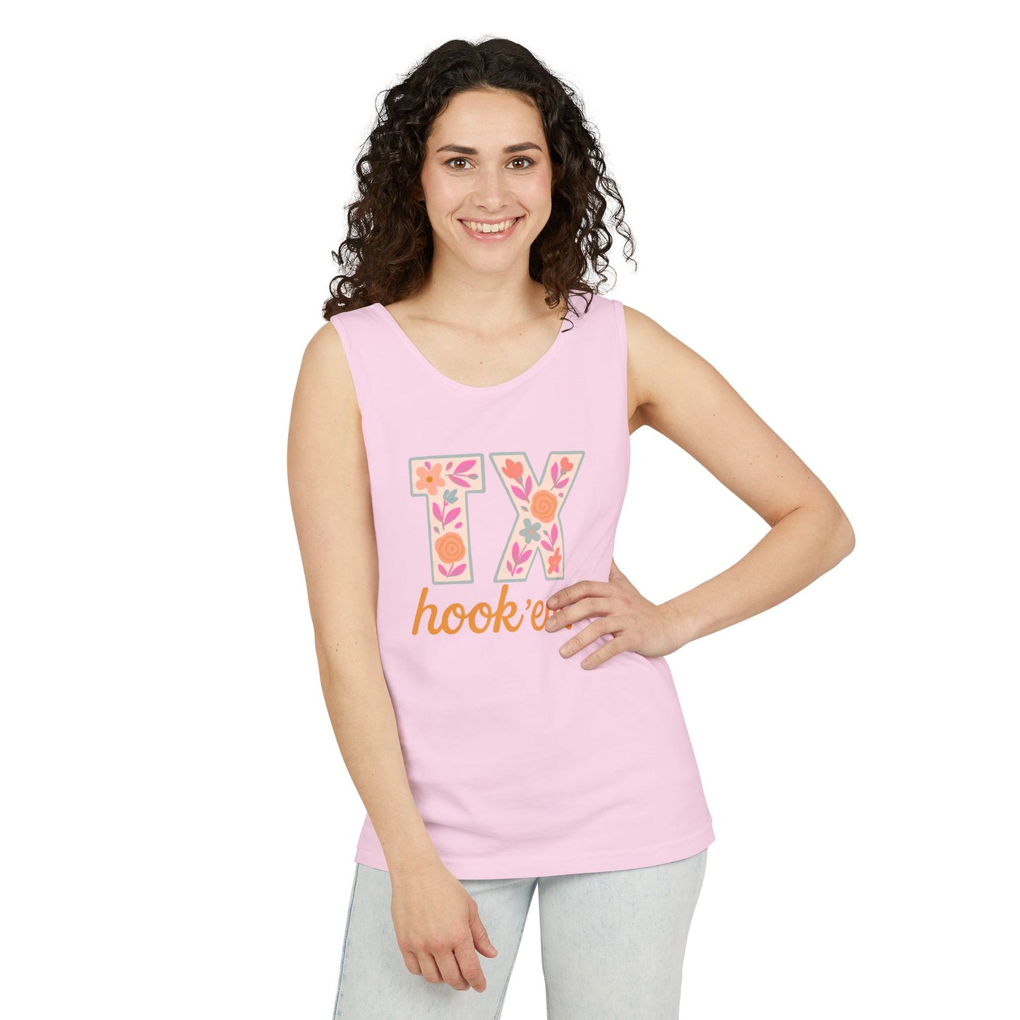 Texas Floral Hook 'Em Unisex Tank Top, Summer Vibe, Casual Wear, College Gear, Gift for Graduates, Texas Pride Apparel, Comfort Colors, Graduation Gift