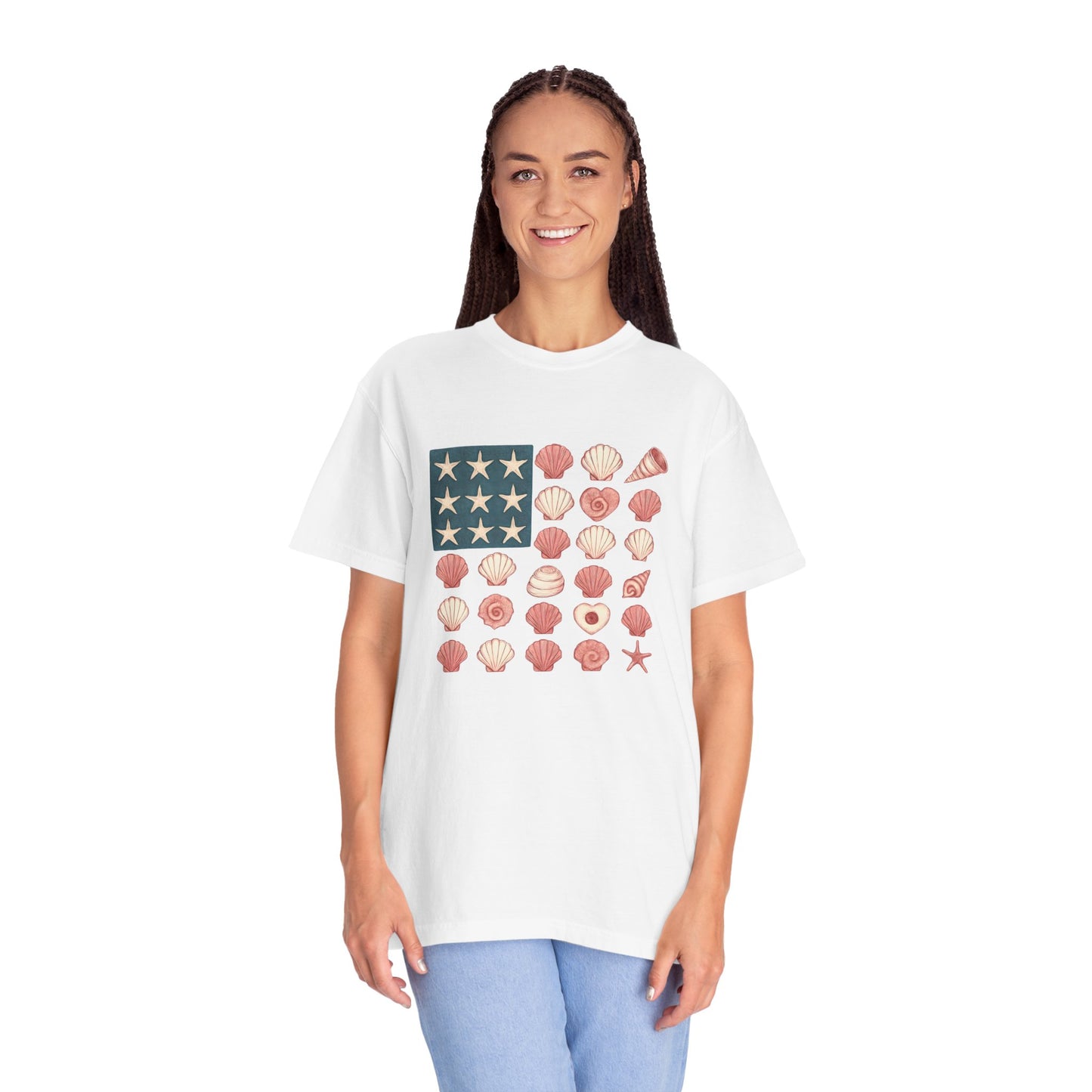 Comfort Colors-Seashell Flag T-Shirt, Unisex, American Flag, Beach Vibes, Nautical Gift, Summer Vibes, July 4th