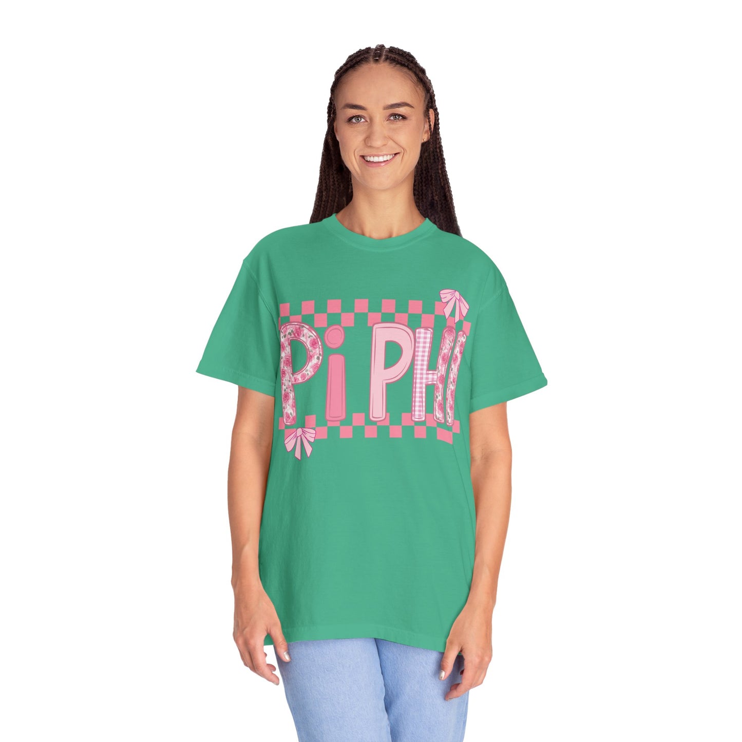 Cute Garment-Dyed T-Shirt for Sorority Sisters, Pi -Checked Style, Perfect for Casual Outings, Sorority Events, Gifts