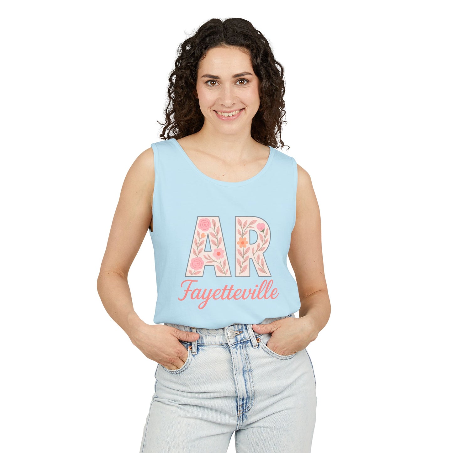 Fayetteville Floral Tank Top, Casual Summer Top, Gift for Her, Travel Apparel, Arkansas Style, Arkansas Student Gift, Graduation Gift, Comfort Colors