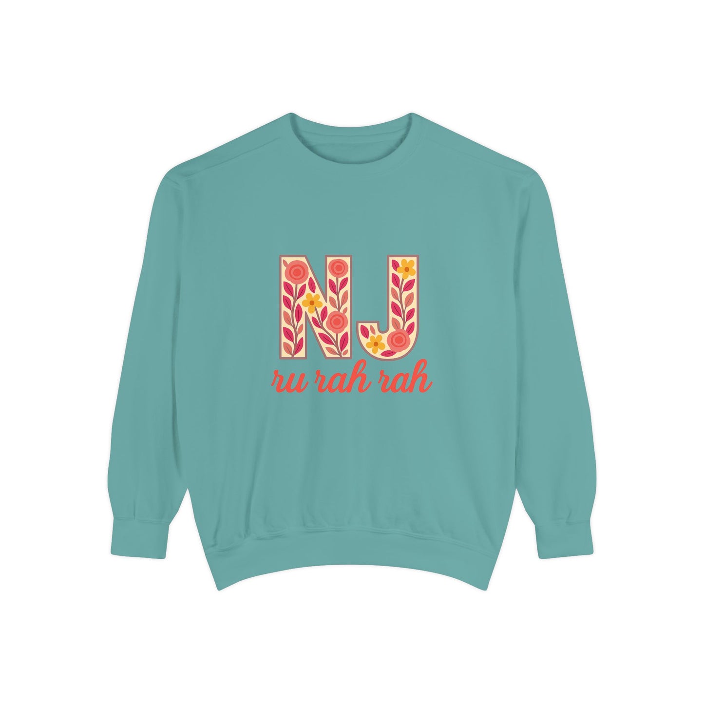 Cheerful NJ Garment-Dyed Sweatshirt, Cozy Unisex Pullover for School Spirit, Fall Fashion, Gift for College Students, Relaxed Fit