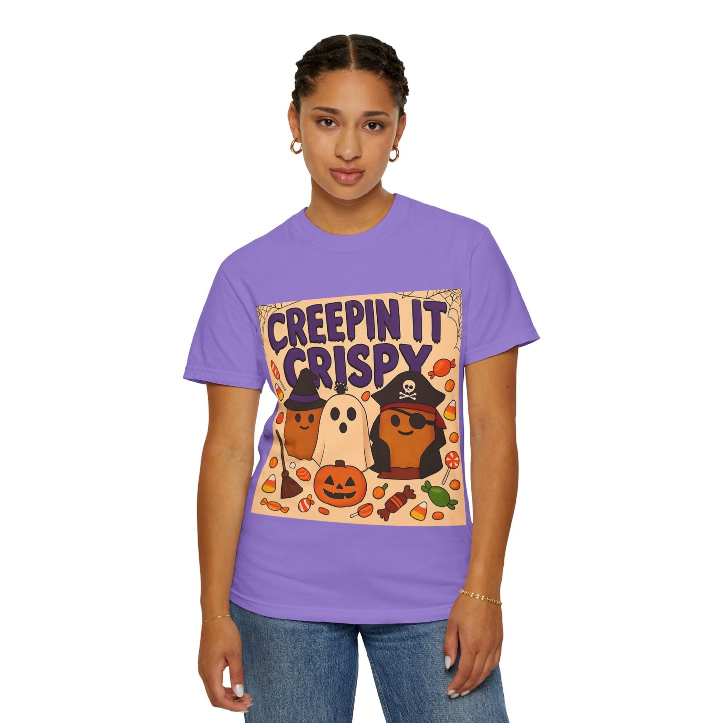 Halloween Themed T-Shirt, Creepin It Crispy T-Shirt, Unisex Shirt for Fall, Cute Halloween Tee, Festive Ghost & Candy Design