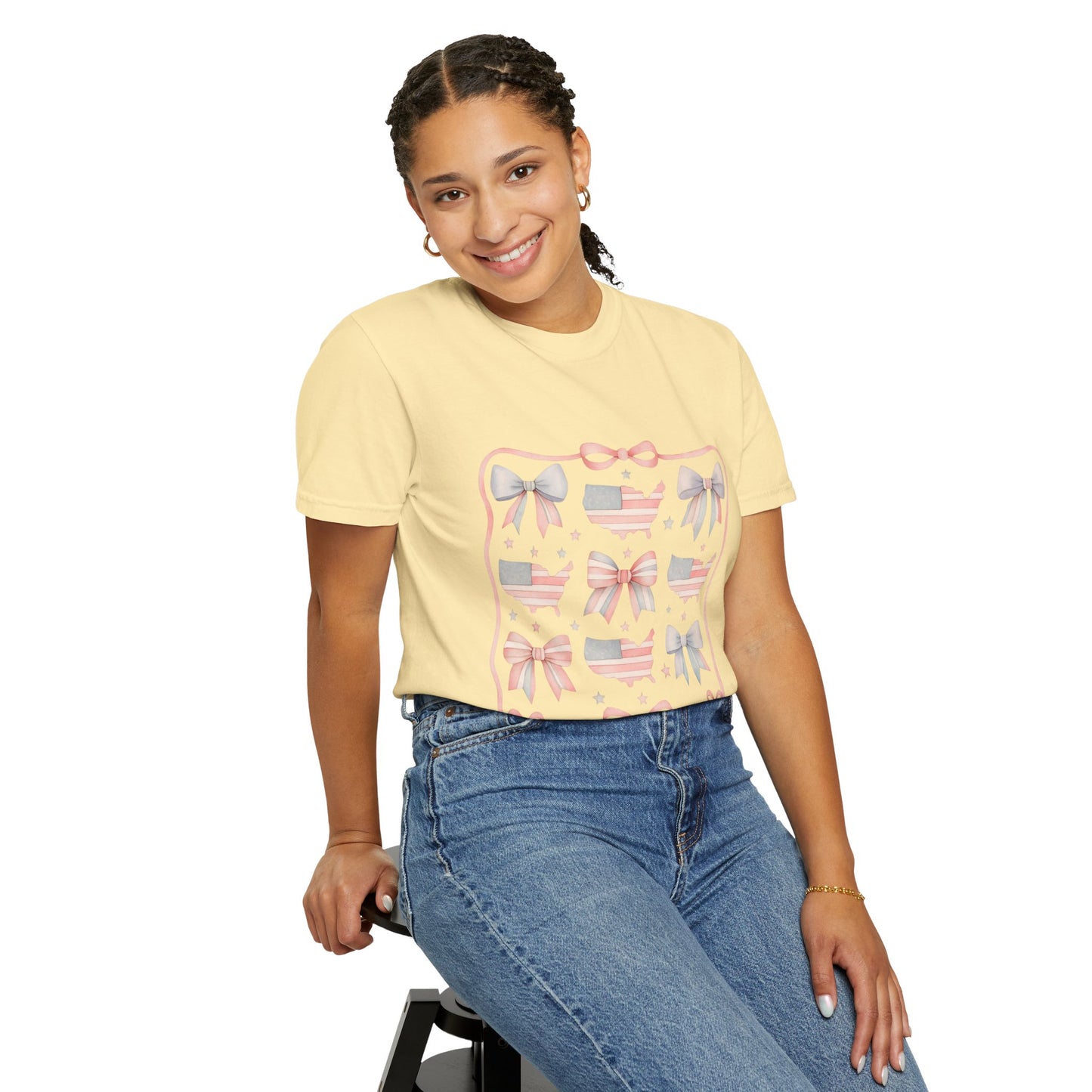 America Coquette Cute Bow Pattern Comfort Colors Unisex T-Shirt - 4th of July USA Celebration