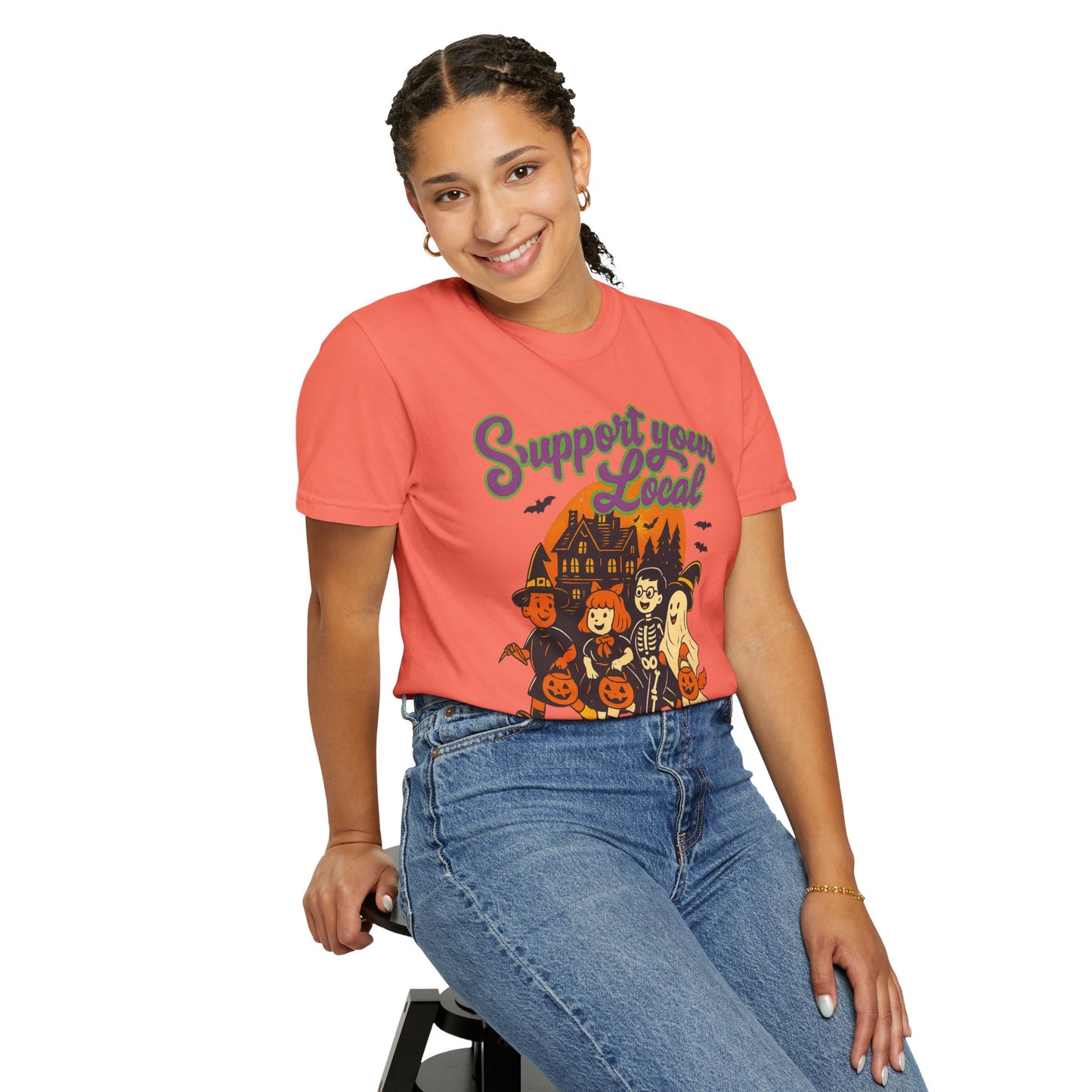 Halloween Support T-Shirt, Youth Trick or Treat Shirt, Garment-Dyed Tee for Kids, Spooky Season Apparel, Holiday Party Top, Fun Costume Wear