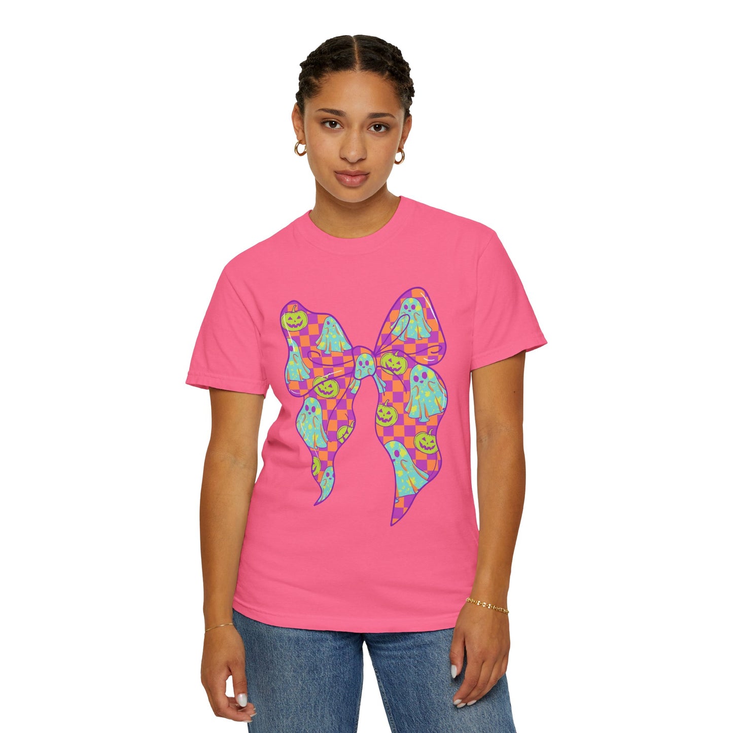 Neon Checkered Ghost Bow T-Shirt - Fun Lovers Halloween Unisex Tee