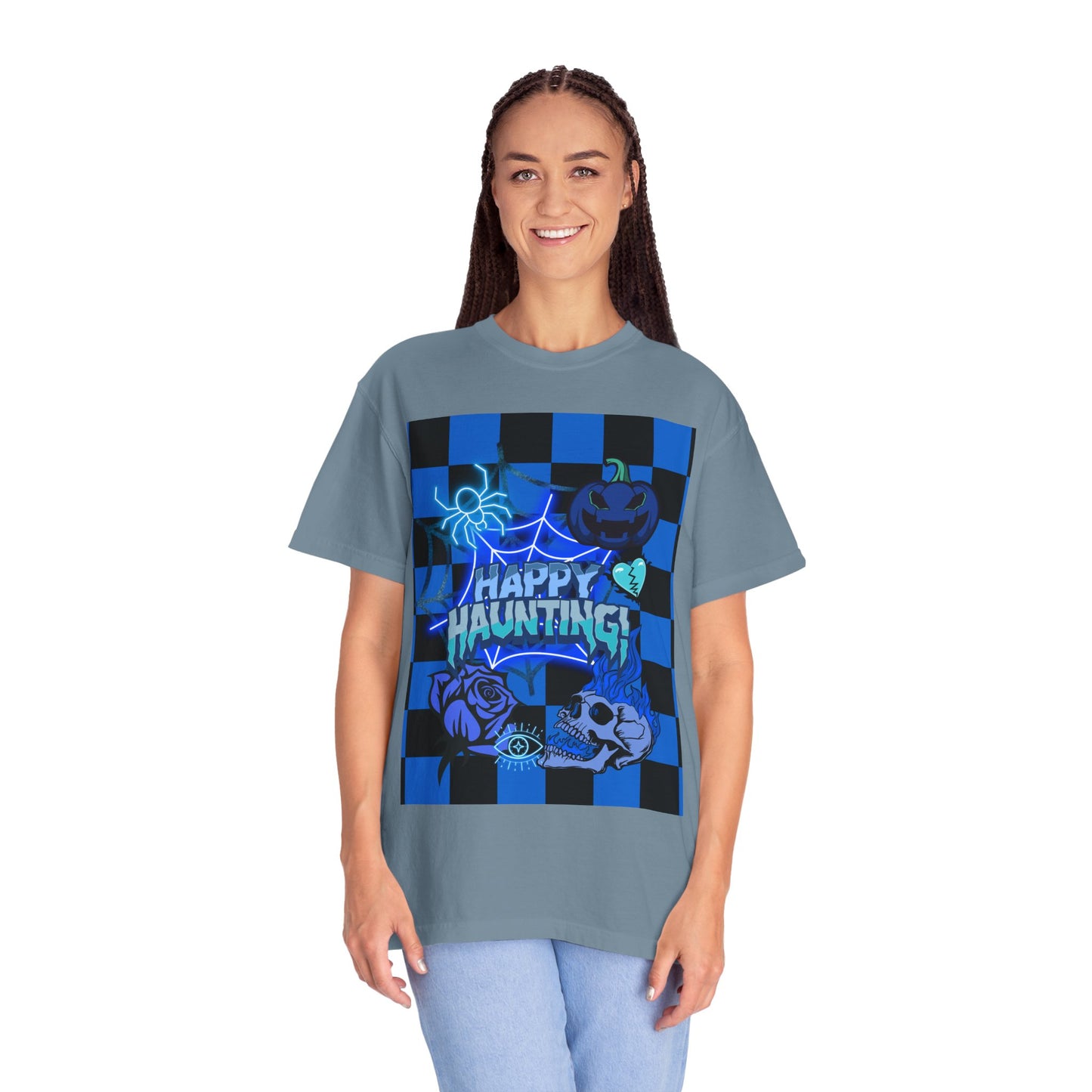 Happy Haunting Unisex Garment-Dyed T-shirt, Halloween Tee, Spooky Shirt, Fall Fashion, Casual Wear, Pumpkin Fest