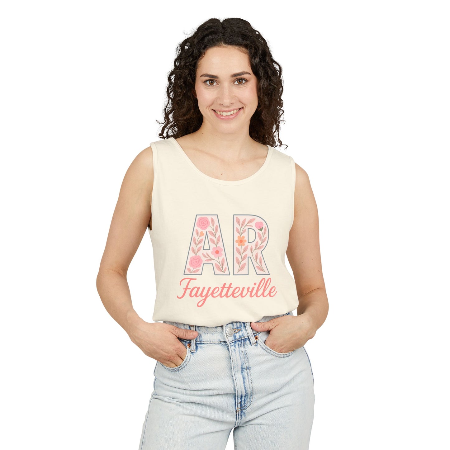 Fayetteville Floral Tank Top, Casual Summer Top, Gift for Her, Travel Apparel, Arkansas Style, Arkansas Student Gift, Graduation Gift, Comfort Colors