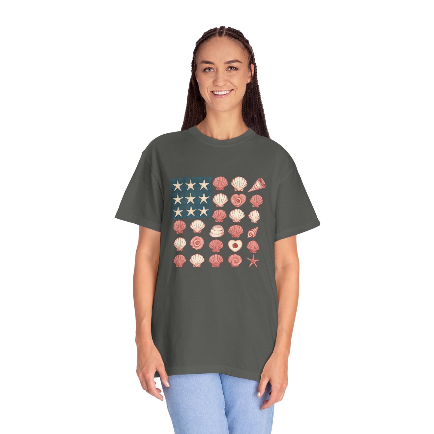 Comfort Colors-Seashell Flag T-Shirt, Unisex, American Flag, Beach Vibes, Nautical Gift, Summer Vibes, July 4th