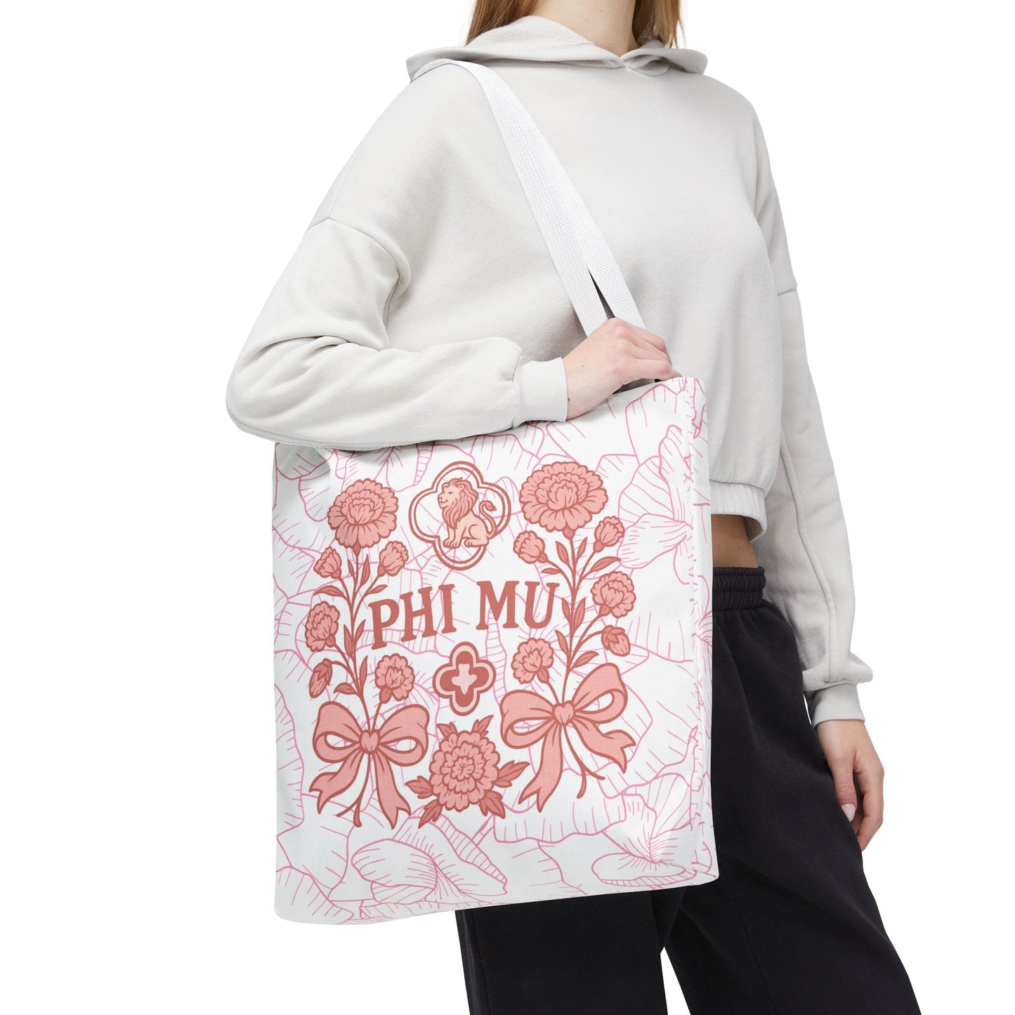 Phi Mu Floral Tote Bag, Sorority Bag, Gift for Sorority Sisters, Pink Floral Tote, College Essentials, AOP Design