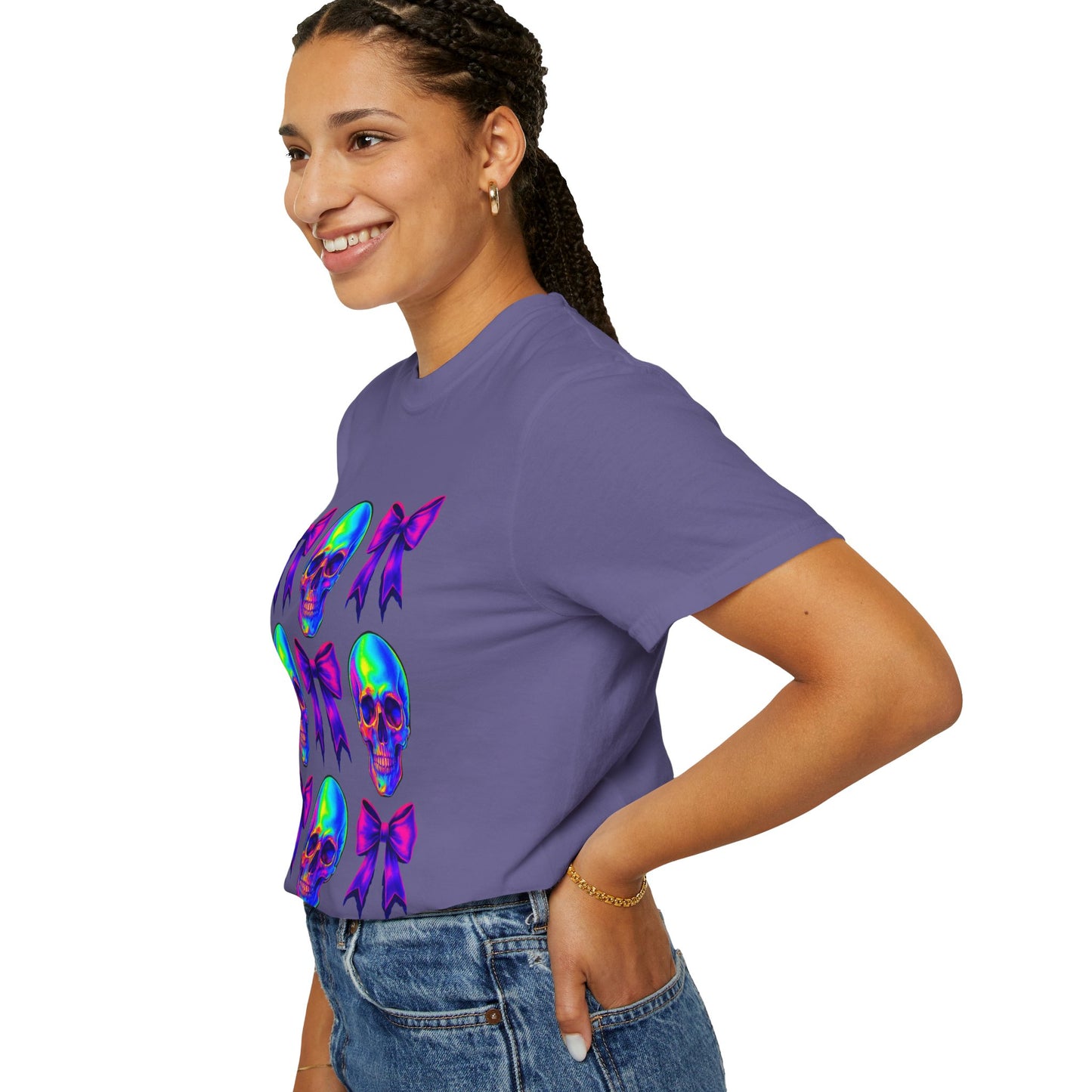 Neon Skull and Bow Unisex T-Shirt | Trendy Graphic Tee for Halloween, Festivals, Casual Wear, Gifts