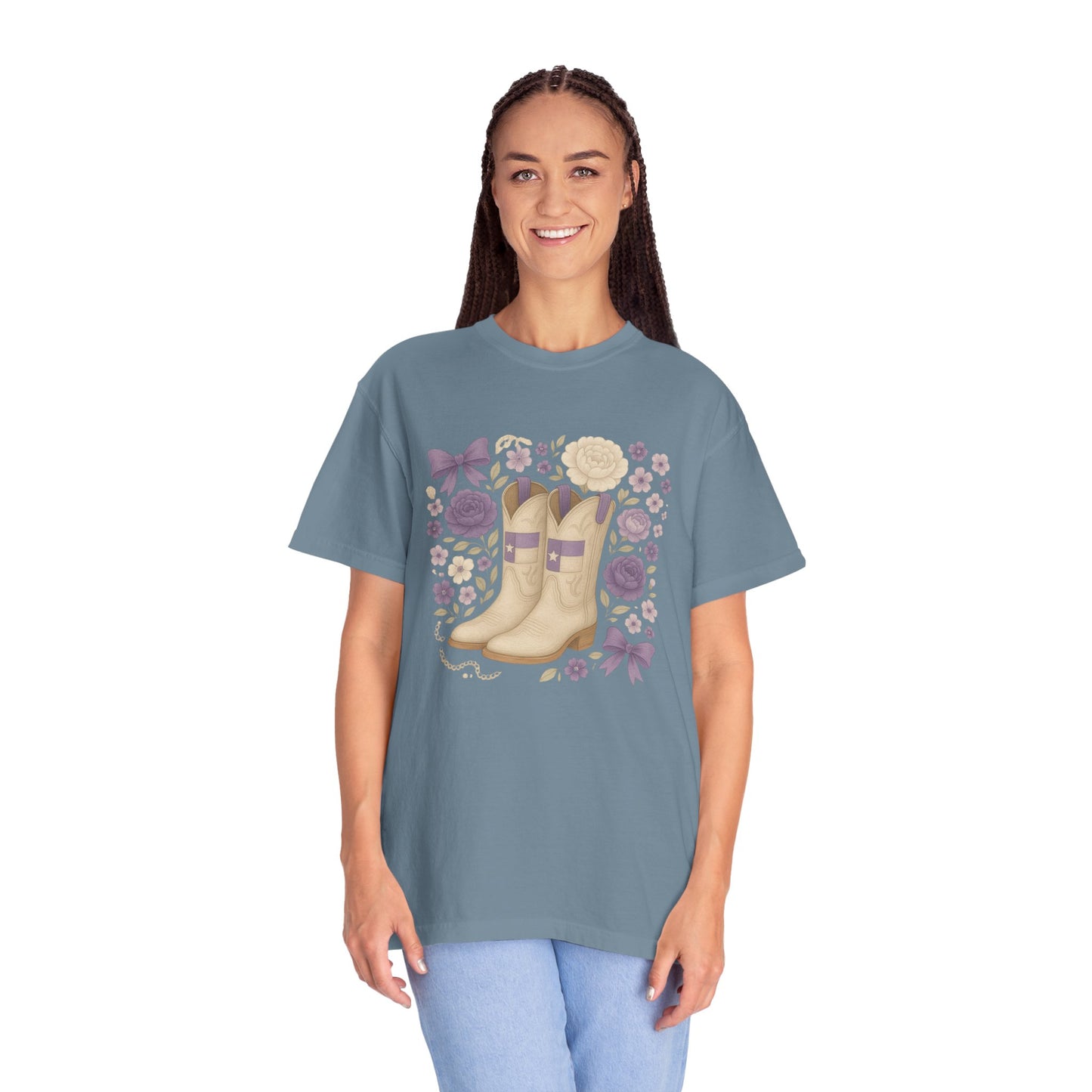 Whimsical Floral Boots Unisex T-Shirt | Casual Style, Gift for Her, Texas Christian University, TCU Frogs, Comfort Colors, Texas Fan gift, Graduation Gift