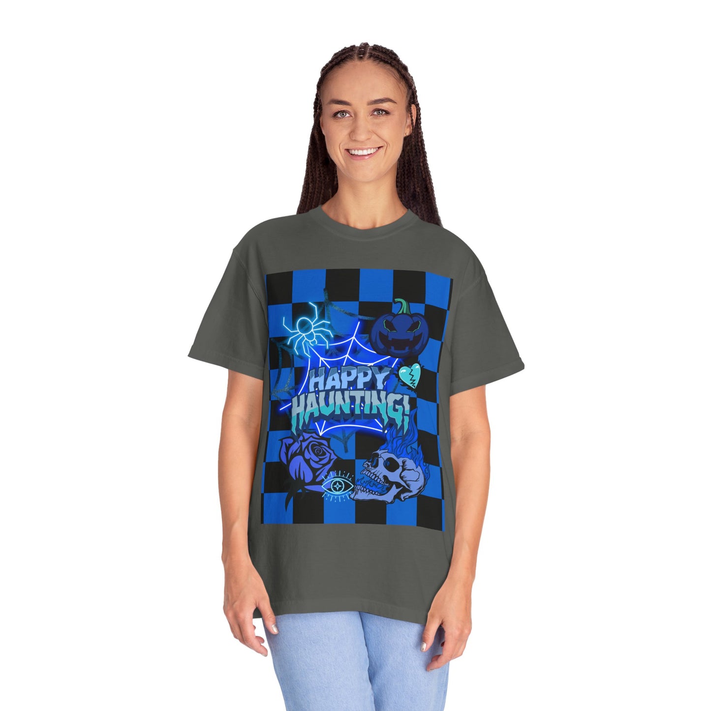Happy Haunting Unisex Garment-Dyed T-shirt, Halloween Tee, Spooky Shirt, Fall Fashion, Casual Wear, Pumpkin Fest