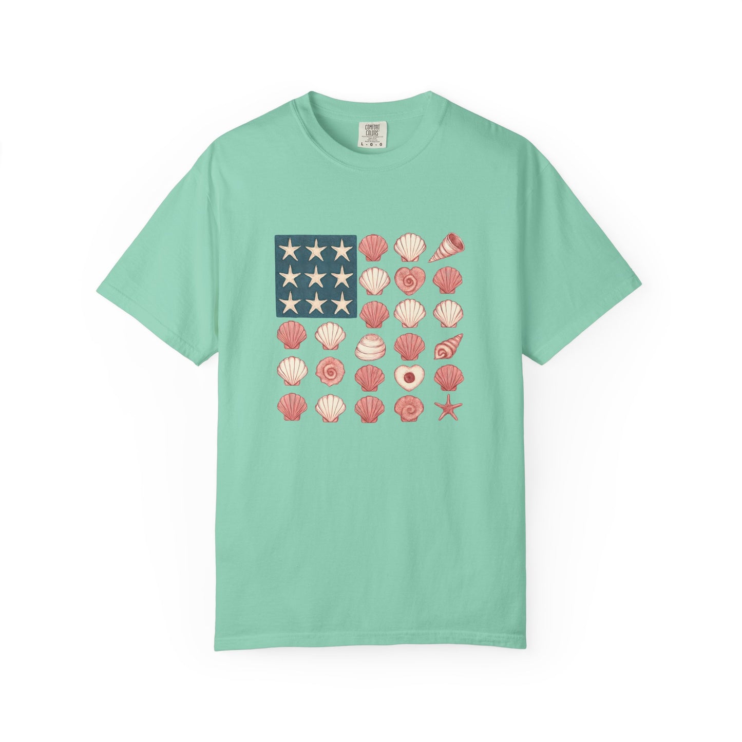 Comfort Colors-Seashell Flag T-Shirt, Unisex, American Flag, Beach Vibes, Nautical Gift, Summer Vibes, July 4th